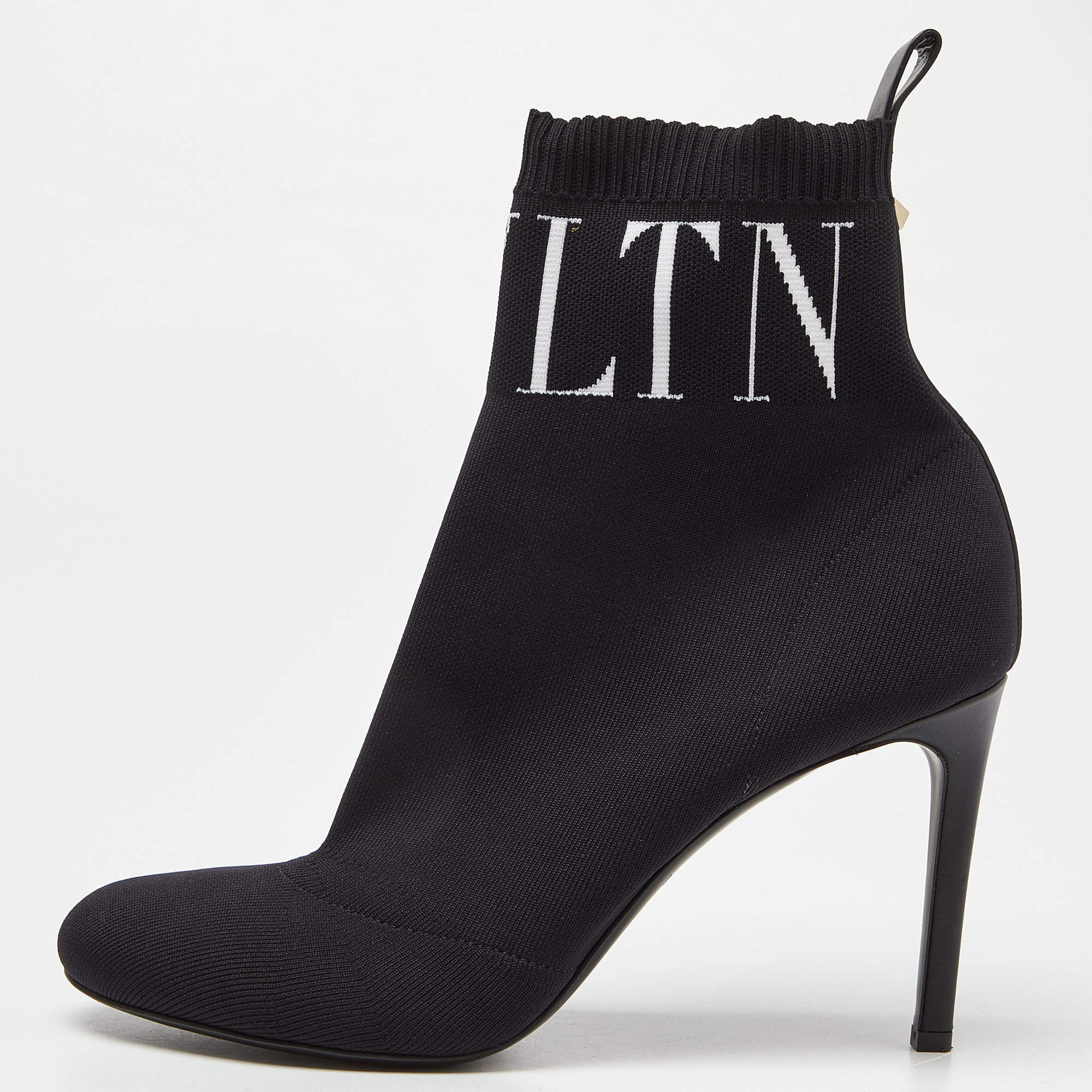 Pre Owned Valentino Black Knit Fabric VLTN Pointed Toe Ankle Booties Size 38