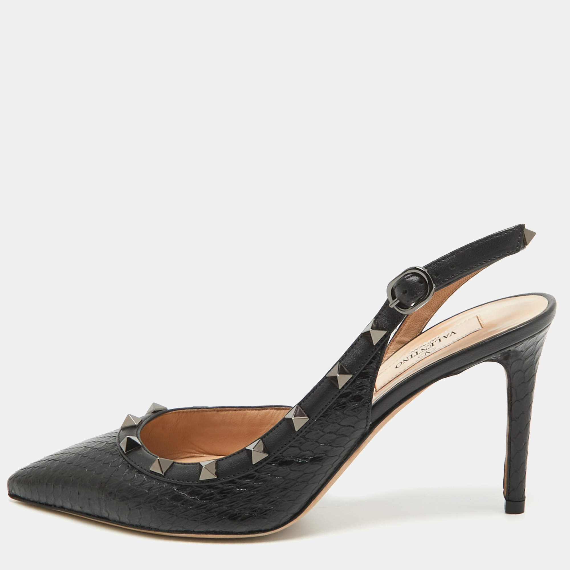 Pre Owned Valentino Black Python Rockstud Slingback Pumps Size 37.5