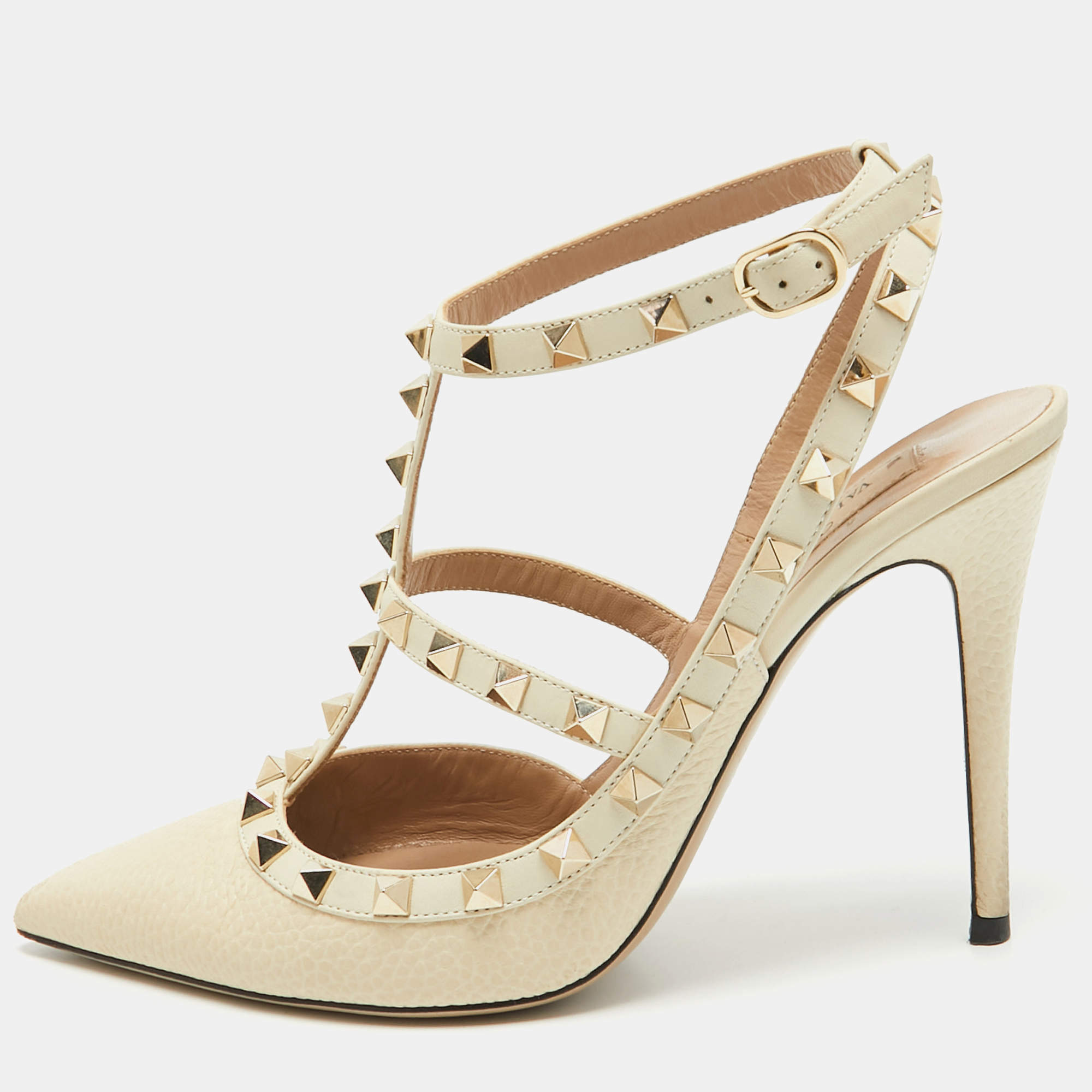 Pre Owned Valentino Cream Leather Rockstud Ankle Strap Pumps Size 39
