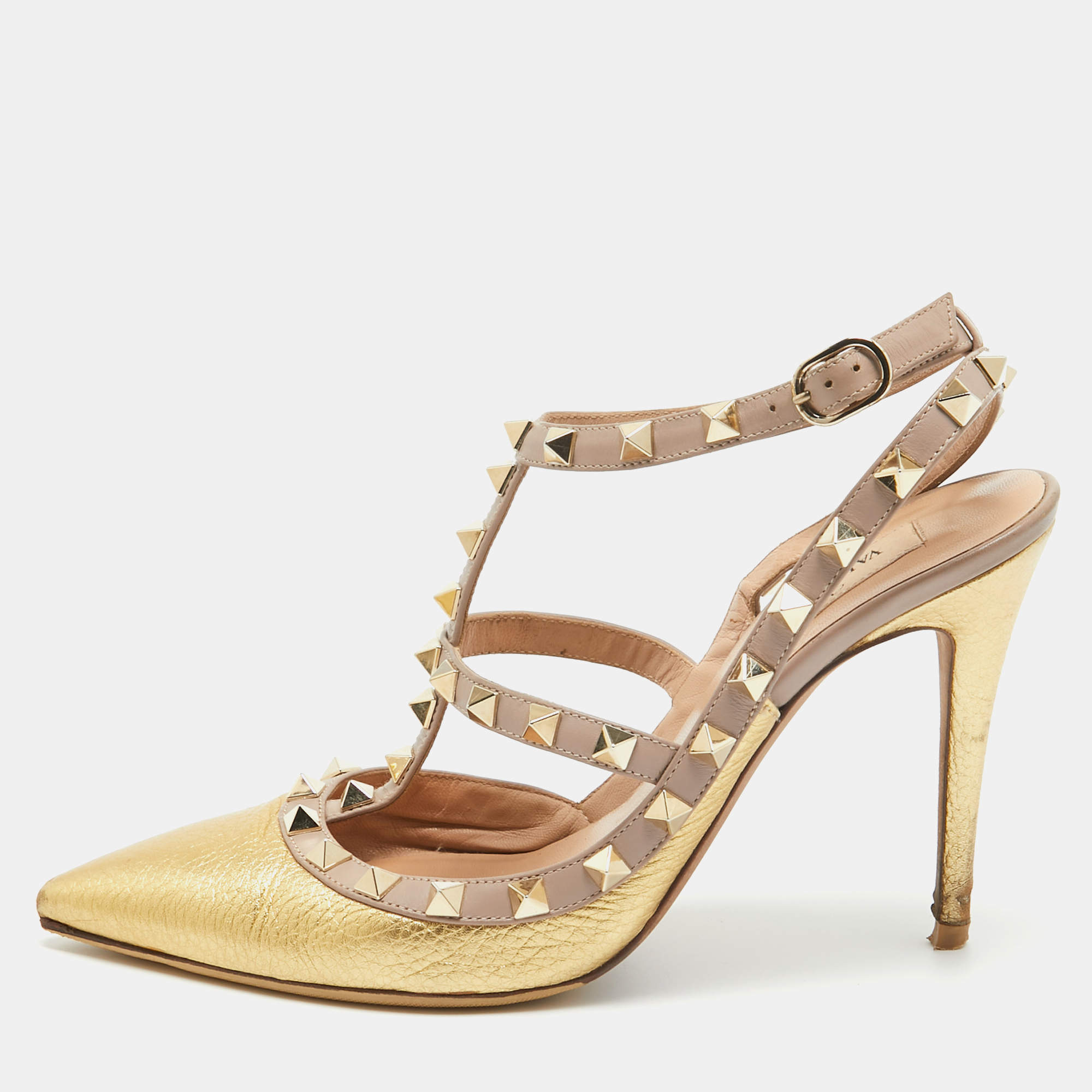Valentino Gold/Beige Leather Rockstud Ankle Strap Pumps Size 38 