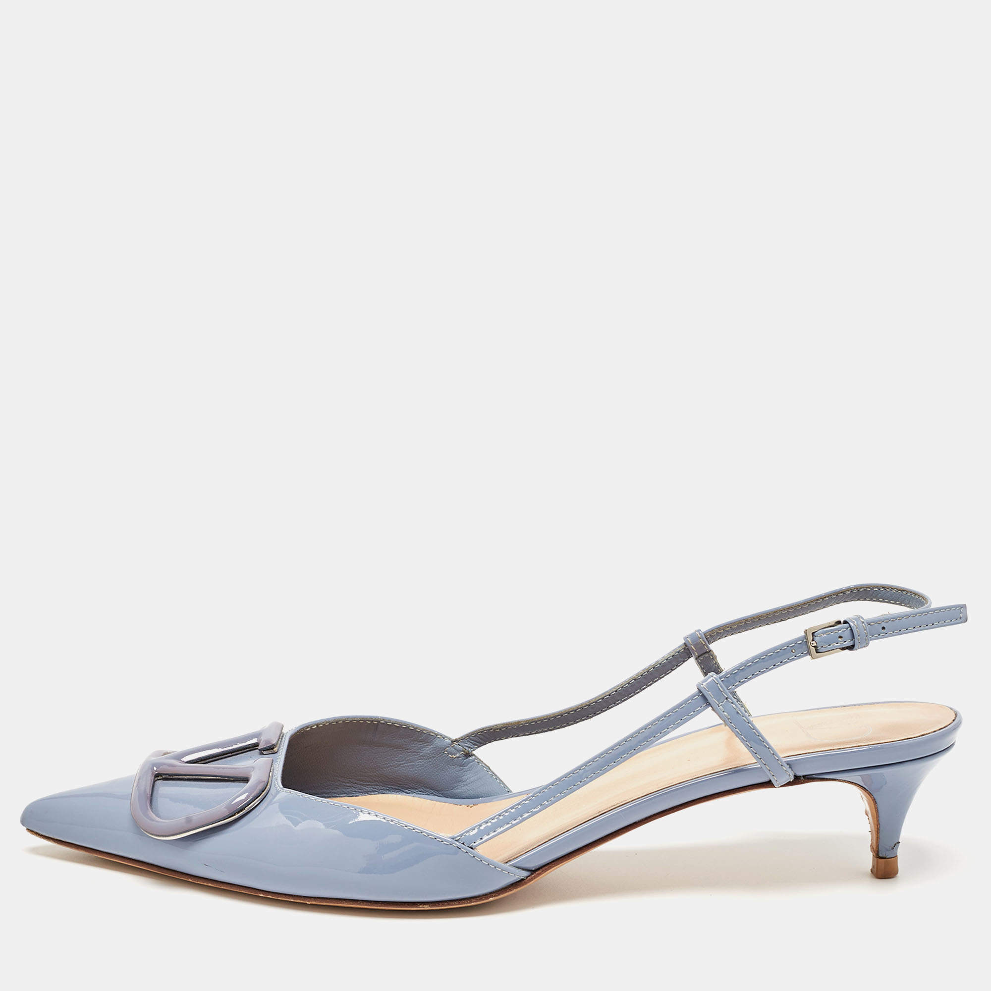 Pre Owned Valentino Blue Patent Leather VLogo Slingback Pumps Size 39.5