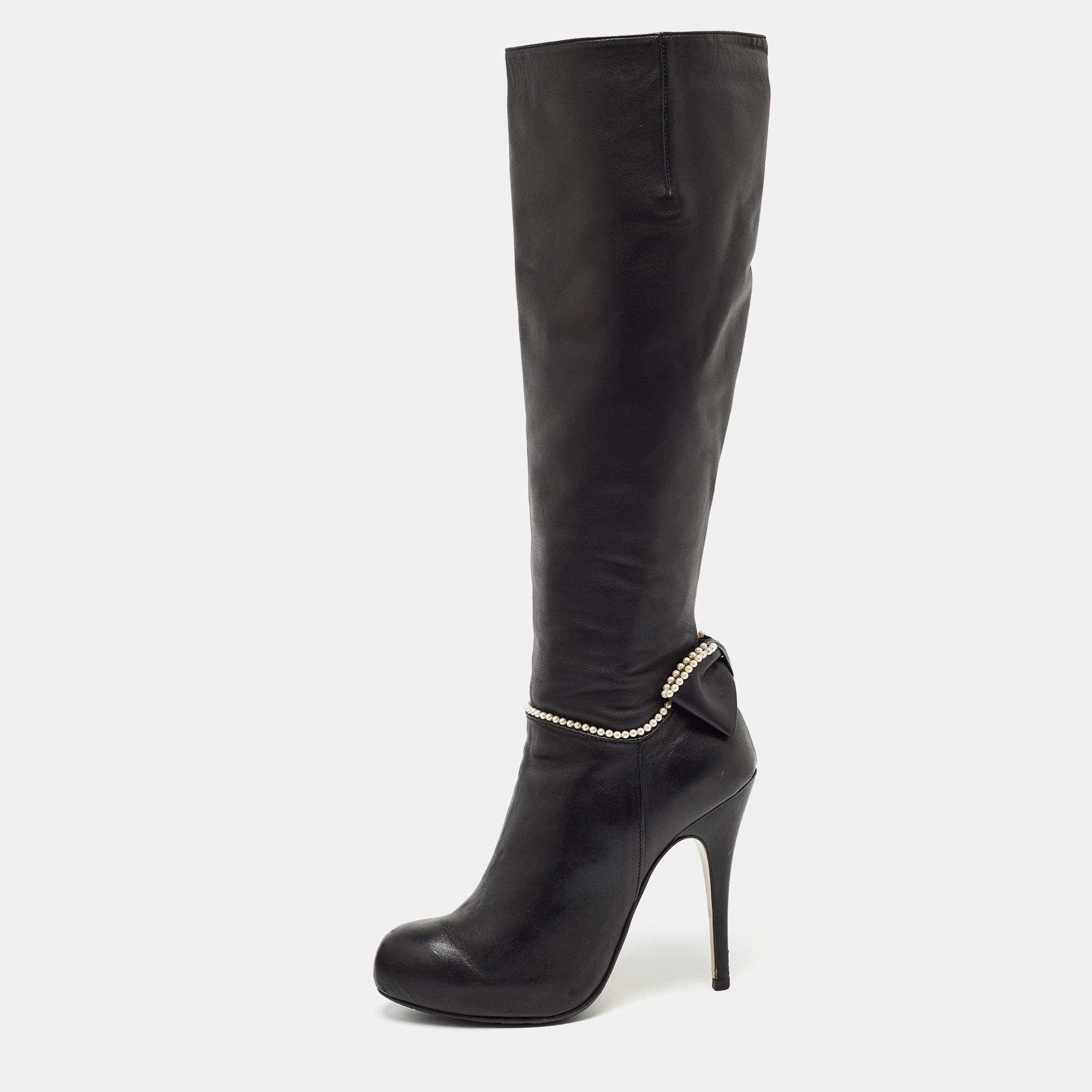 Pre Owned Valentino Black Leather Knee Length Boots Size 38