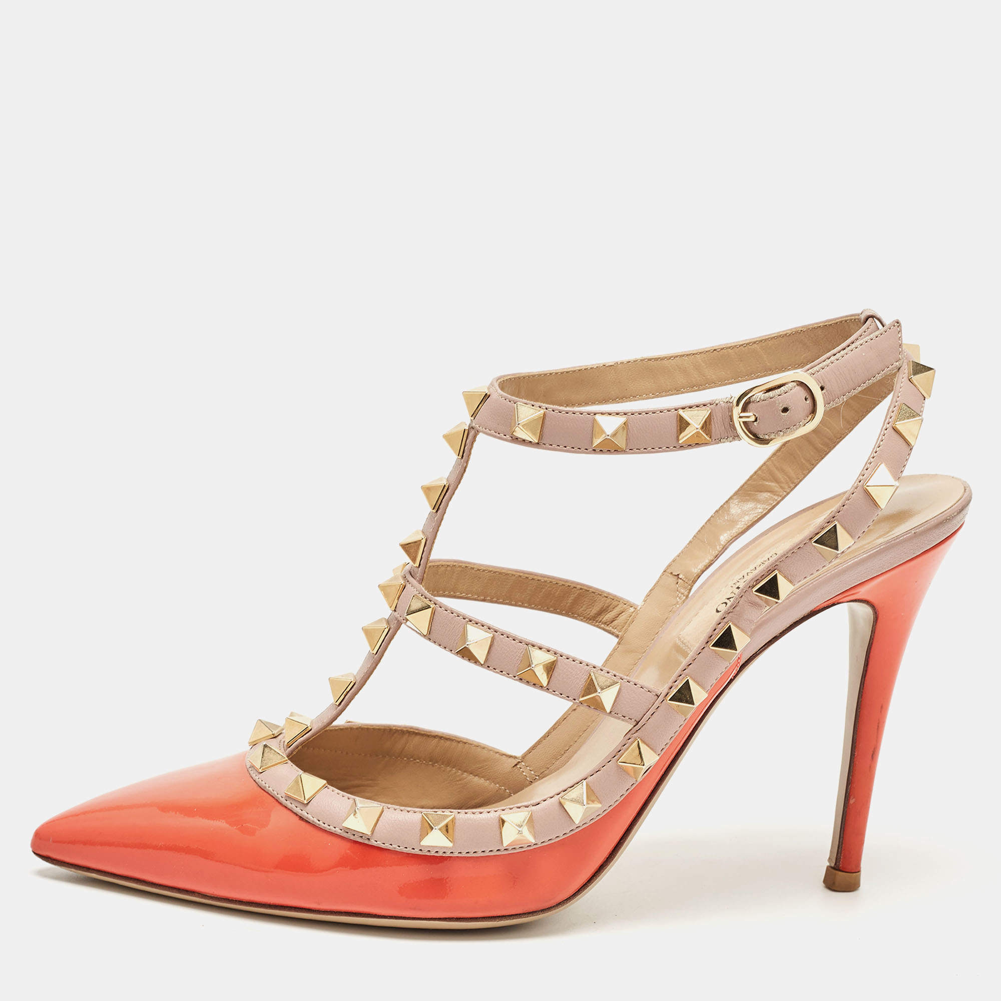 Pre Owned Valentino Orange/Beige Patent Rockstud Ankle Strap Pumps Size 37.5