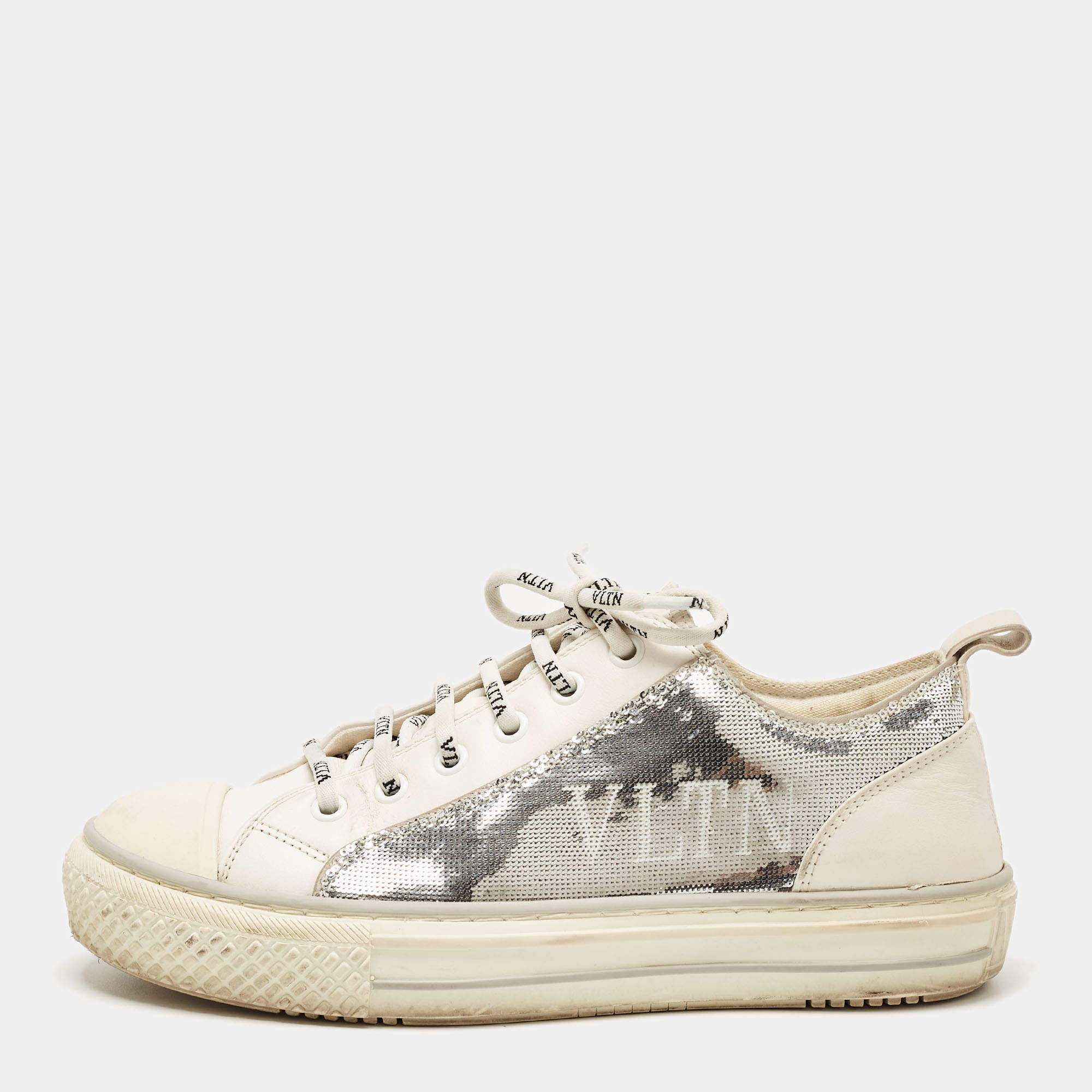 Pre Owned Valentino Silver/White Leather and Sequins Lace Up Sneakers Size  36