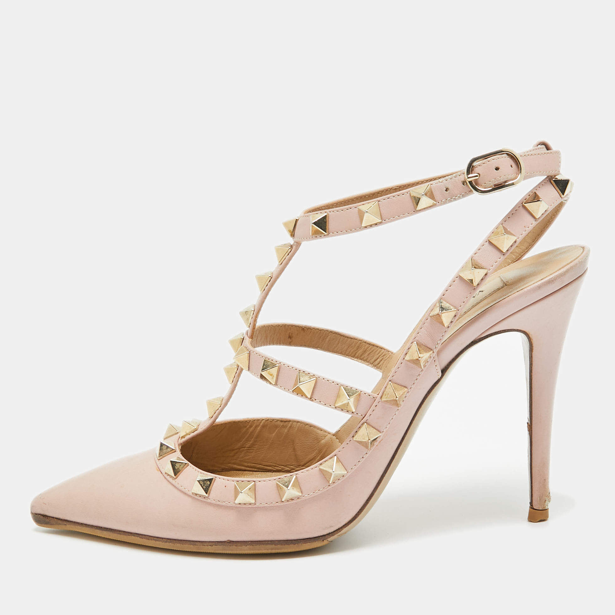 Pre Owned Valentino Pink Leather Rockstud Ankle Strap Pumps Size 37 