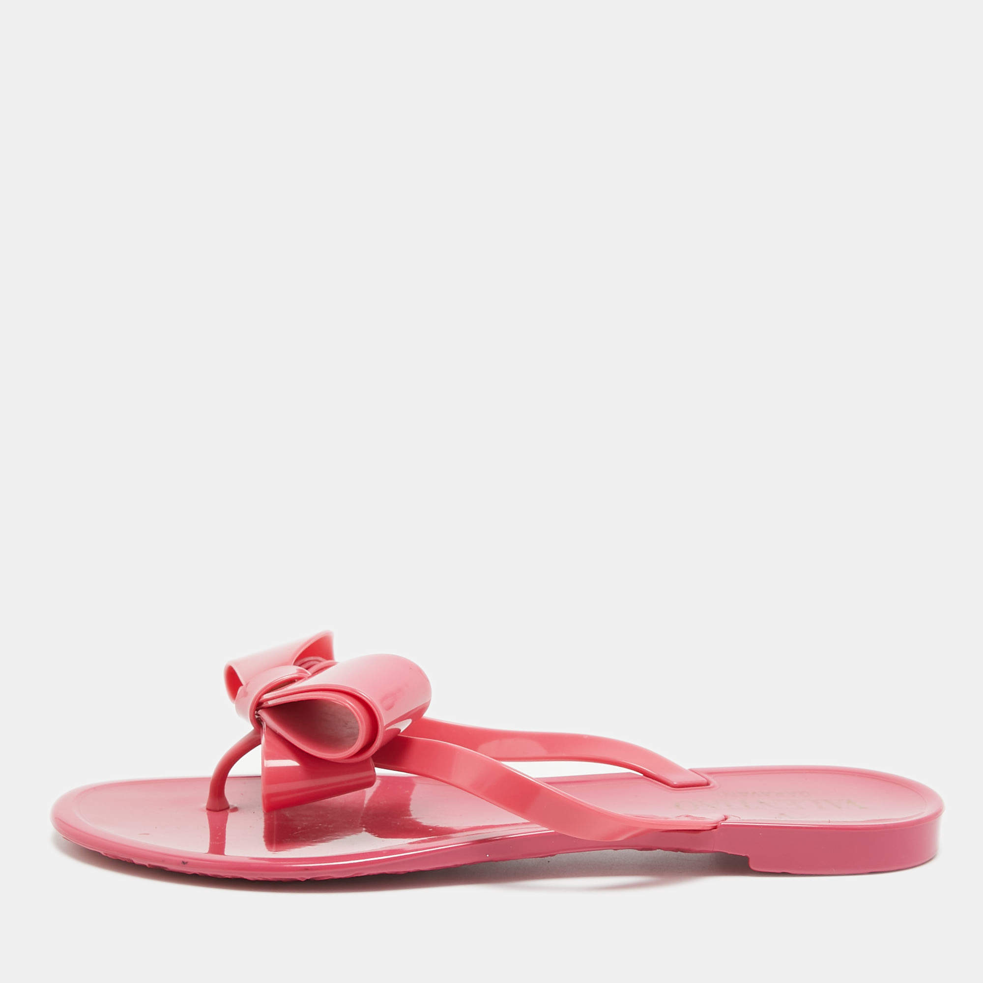 Pre Owned Valentino Pink Jelly Bow Accent Flat Slides Size 36 