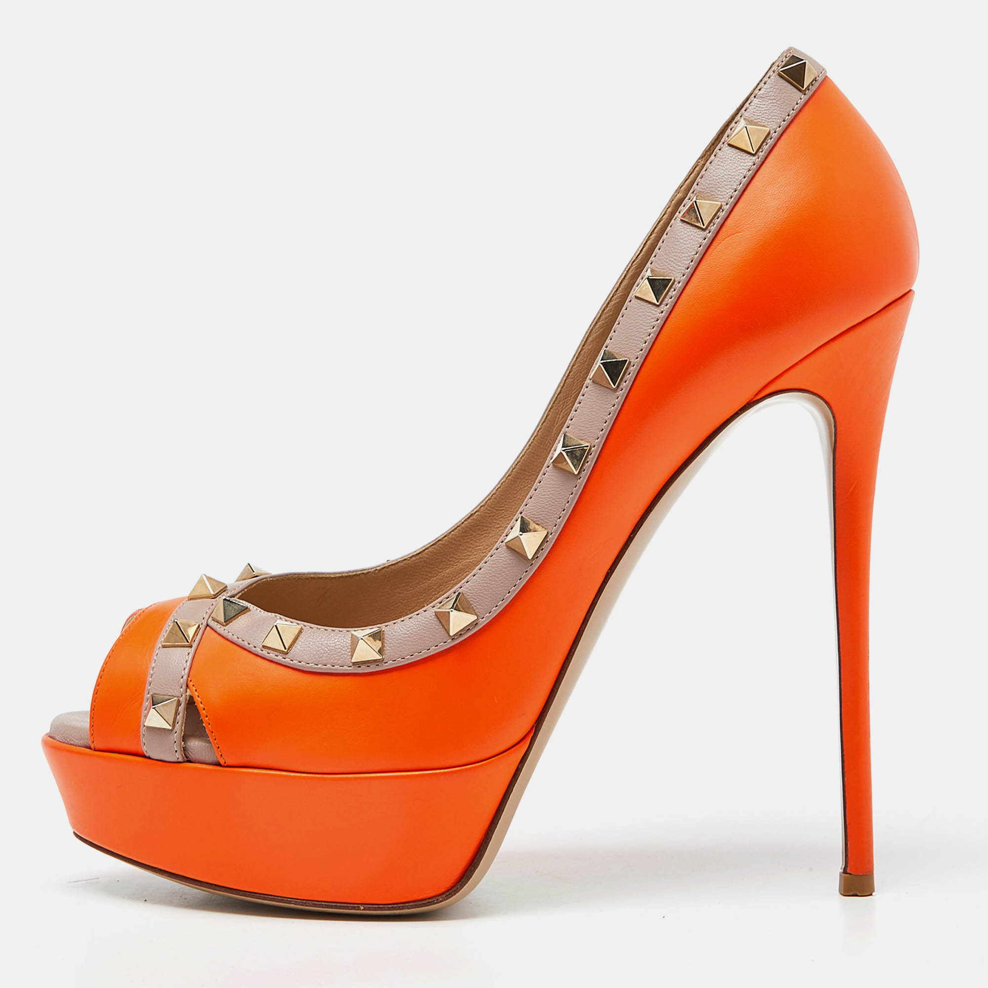Valentino Orange/Pink Leather Rockstud Platform Peep Toe Pumps Size 41