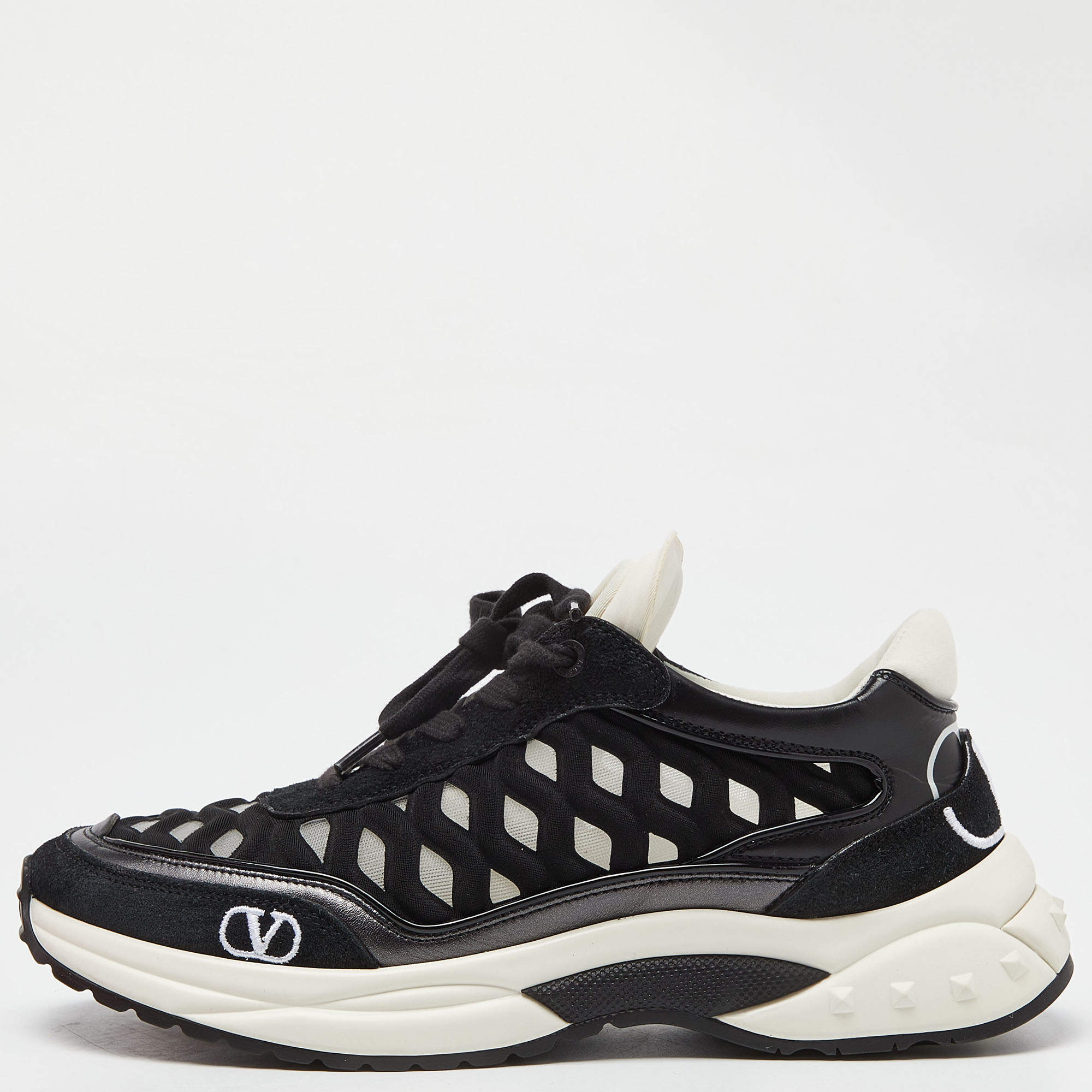 Pre Owned Valentino Black Leather,Suede and Neoprene Lace Up Sneakers Size 36