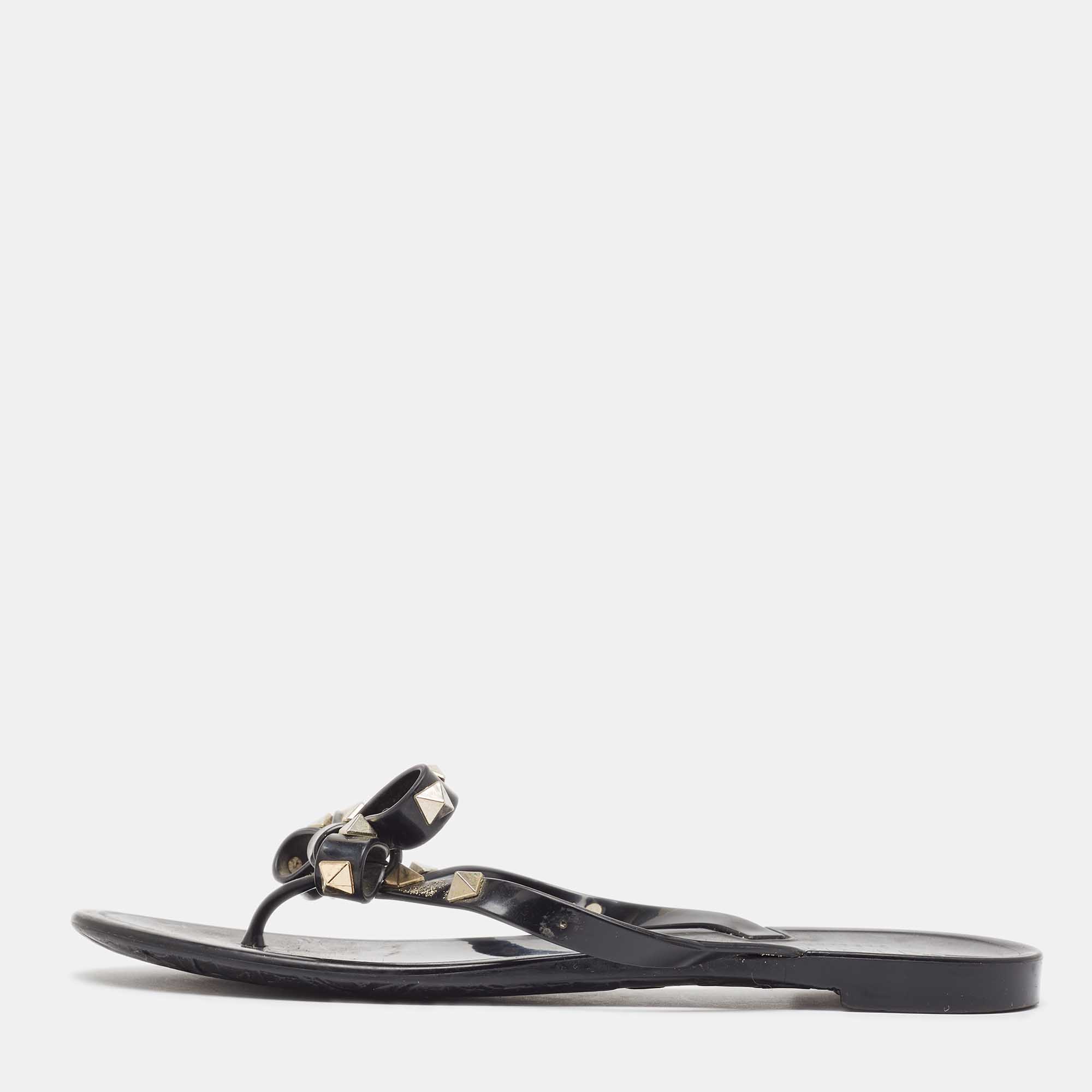 Valentino Black Rubber Rockstud  Thong Flat Slides Size 37