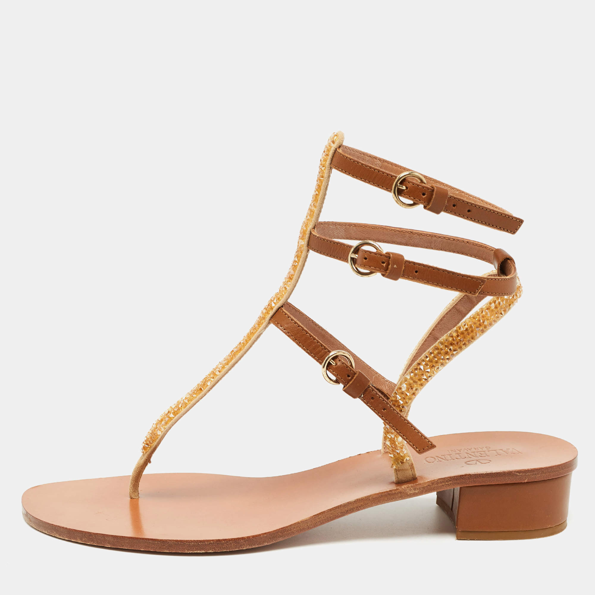 Pre Owned Valentino Brown Leather And Glitter Thong Flat Sandals Size 40