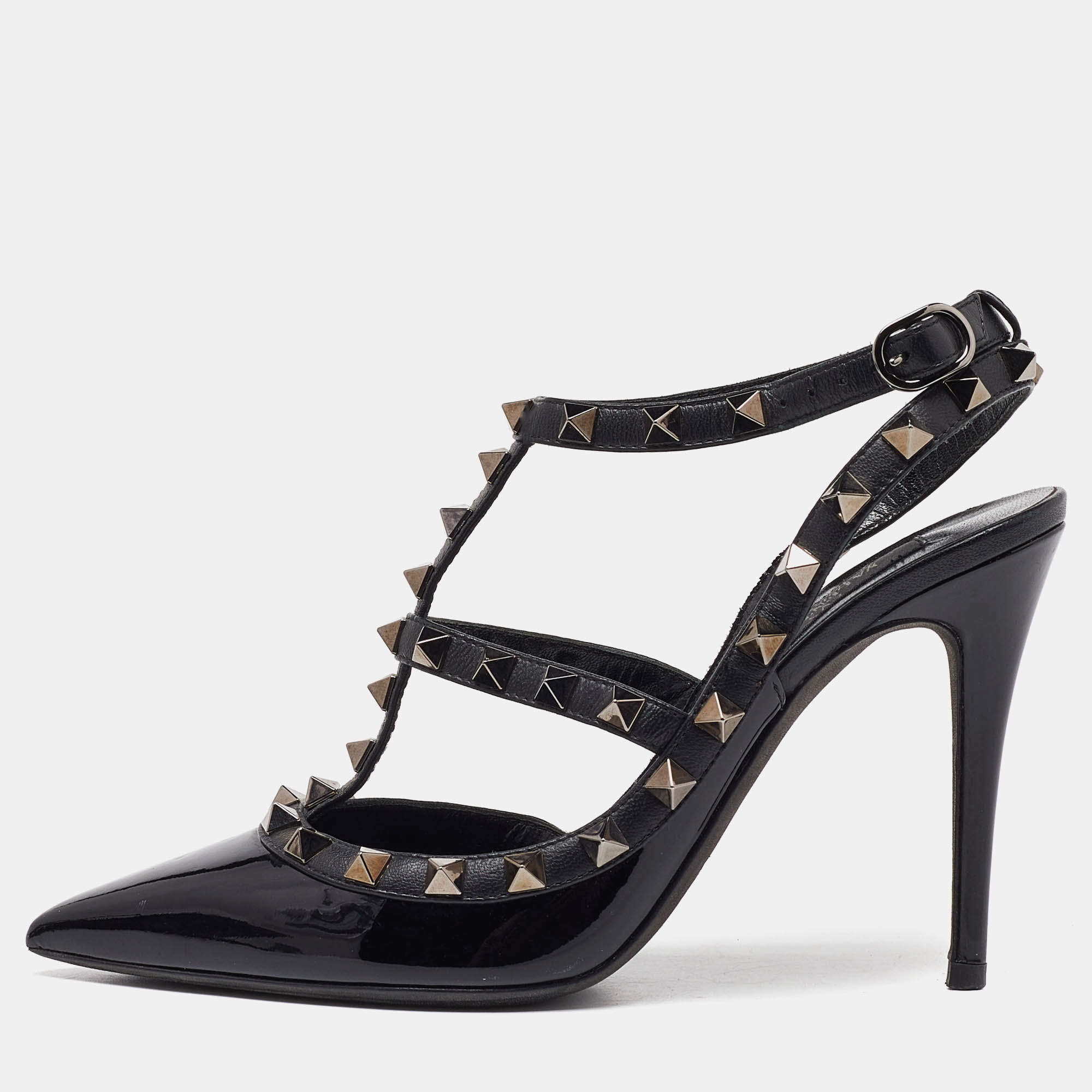 Pre Owned Valentino Black Patent Leather Rockstud Strappy Pumps Size 36