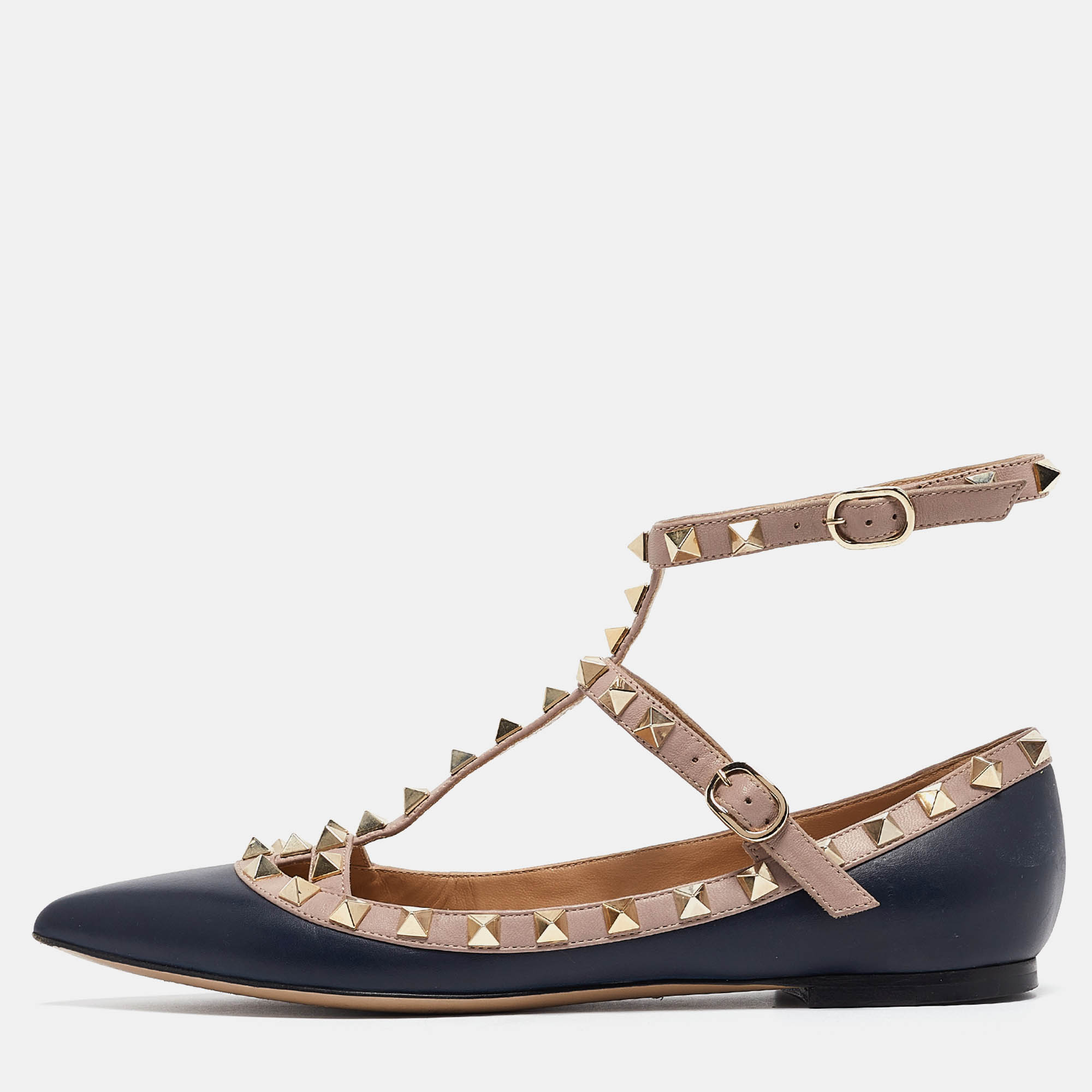 Pre Owned Valentino Navy Blue/Beige Leather Rockstud Caged Ballet Flats Size 36