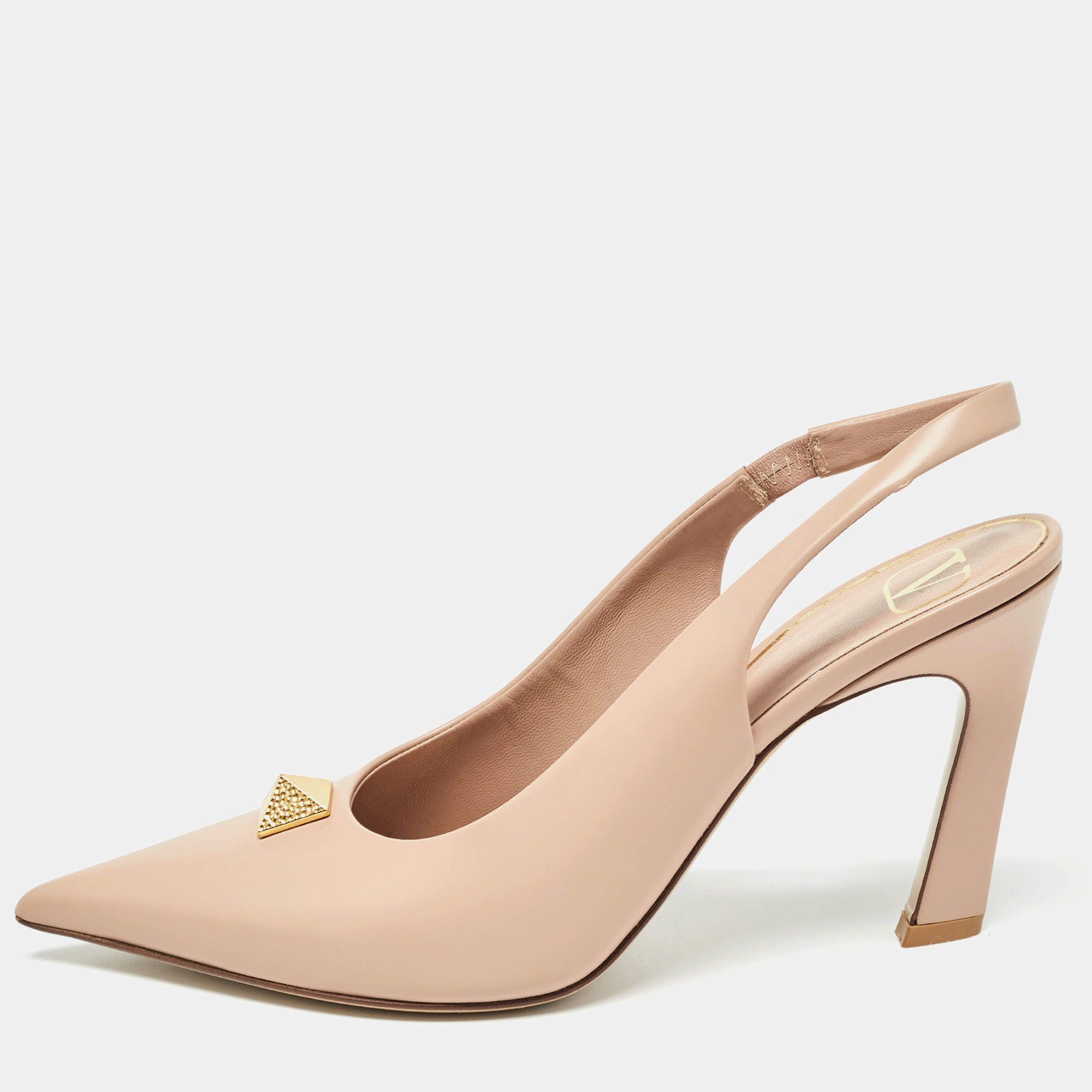 Pre Owned Valentino Beige Leather  One Stud Slingback Pumps Size 38