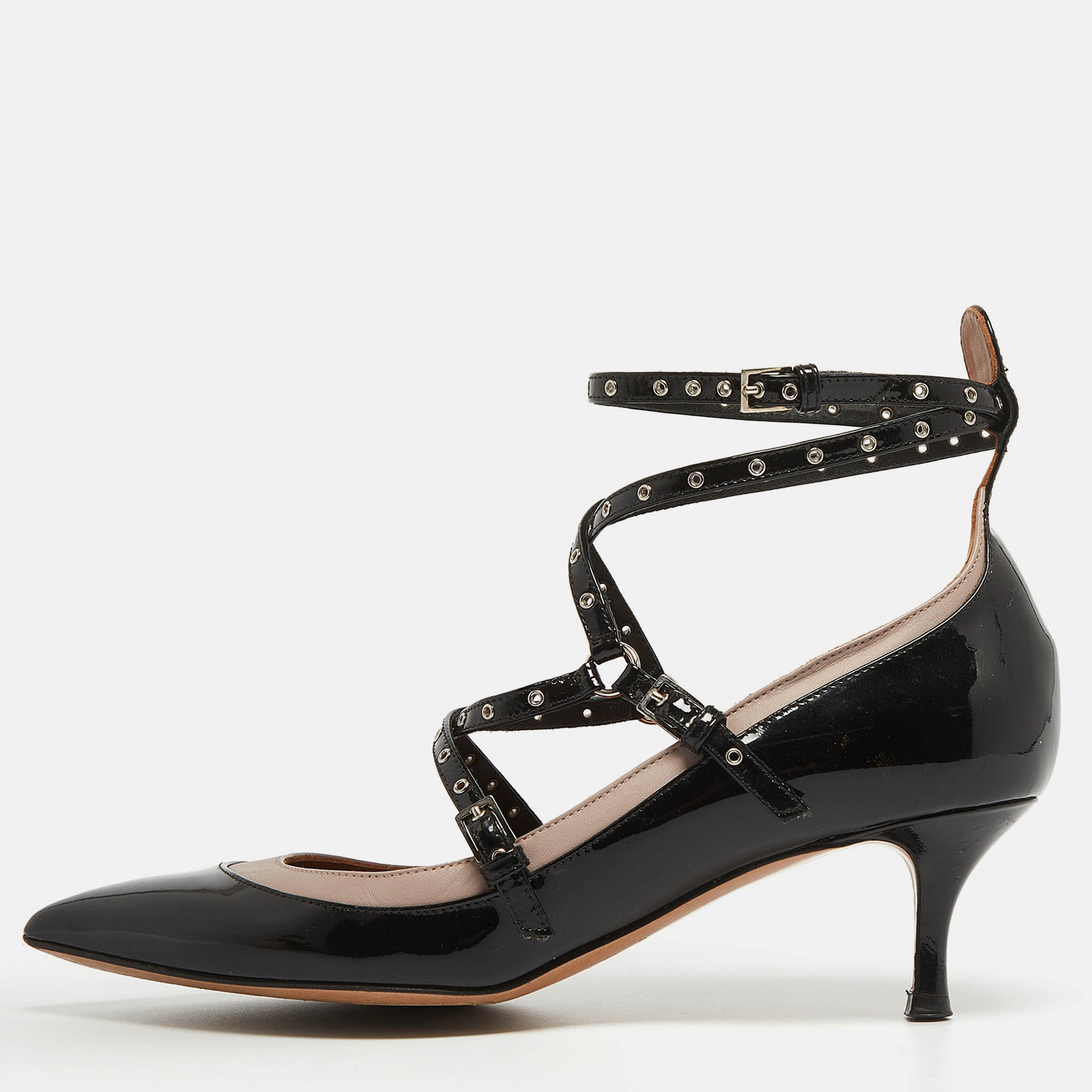 Pre Owned Valentino Black/Dusty Pink Patent and Leather Love Latch Pumps Size 37