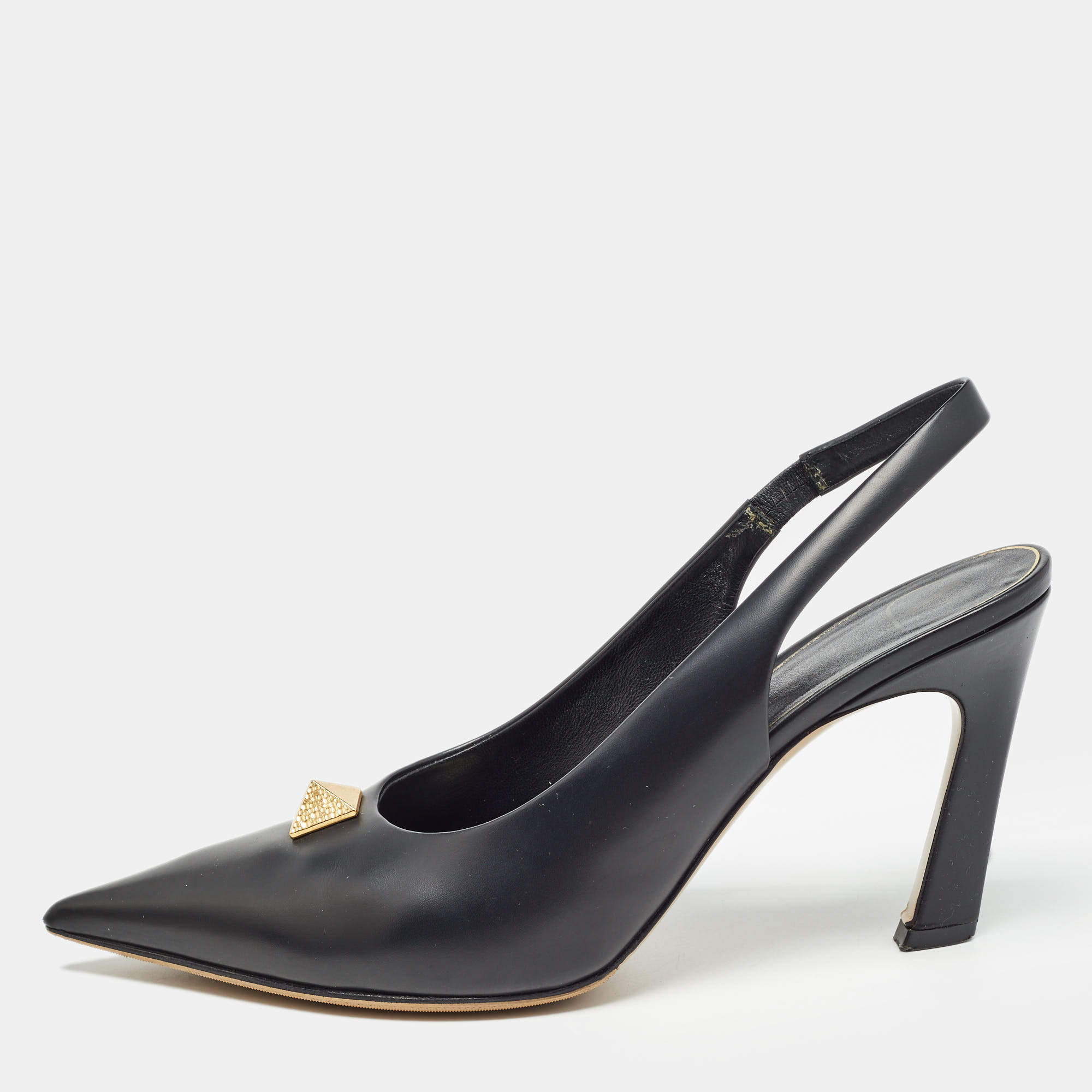 Pre Owned Valentino Black Leather One Stud Slingback Pumps Size 38.5