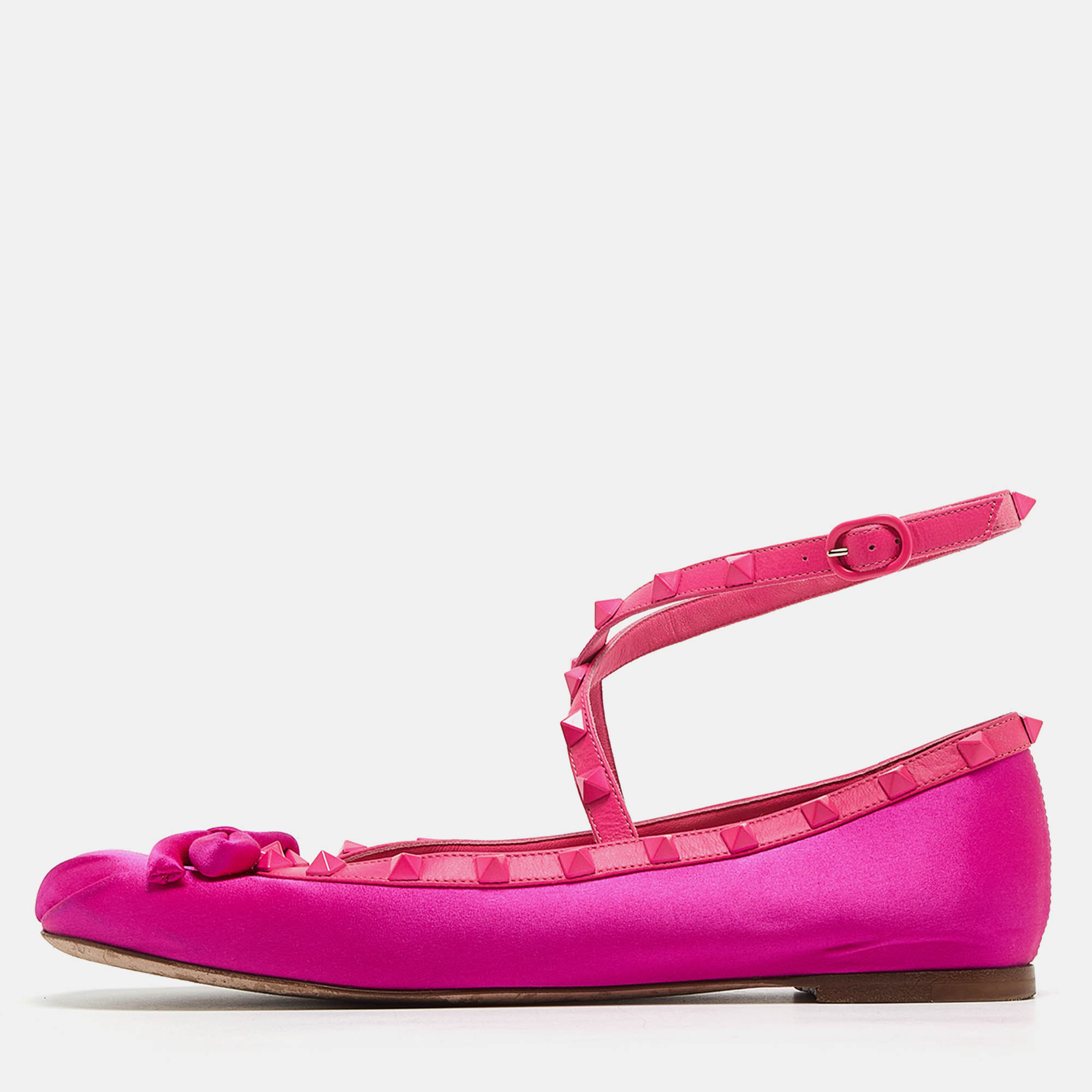 Pre Owned Valentino Pink Satin and Leather Rockstud Ankle Strap Ballet Flats Size 39.5