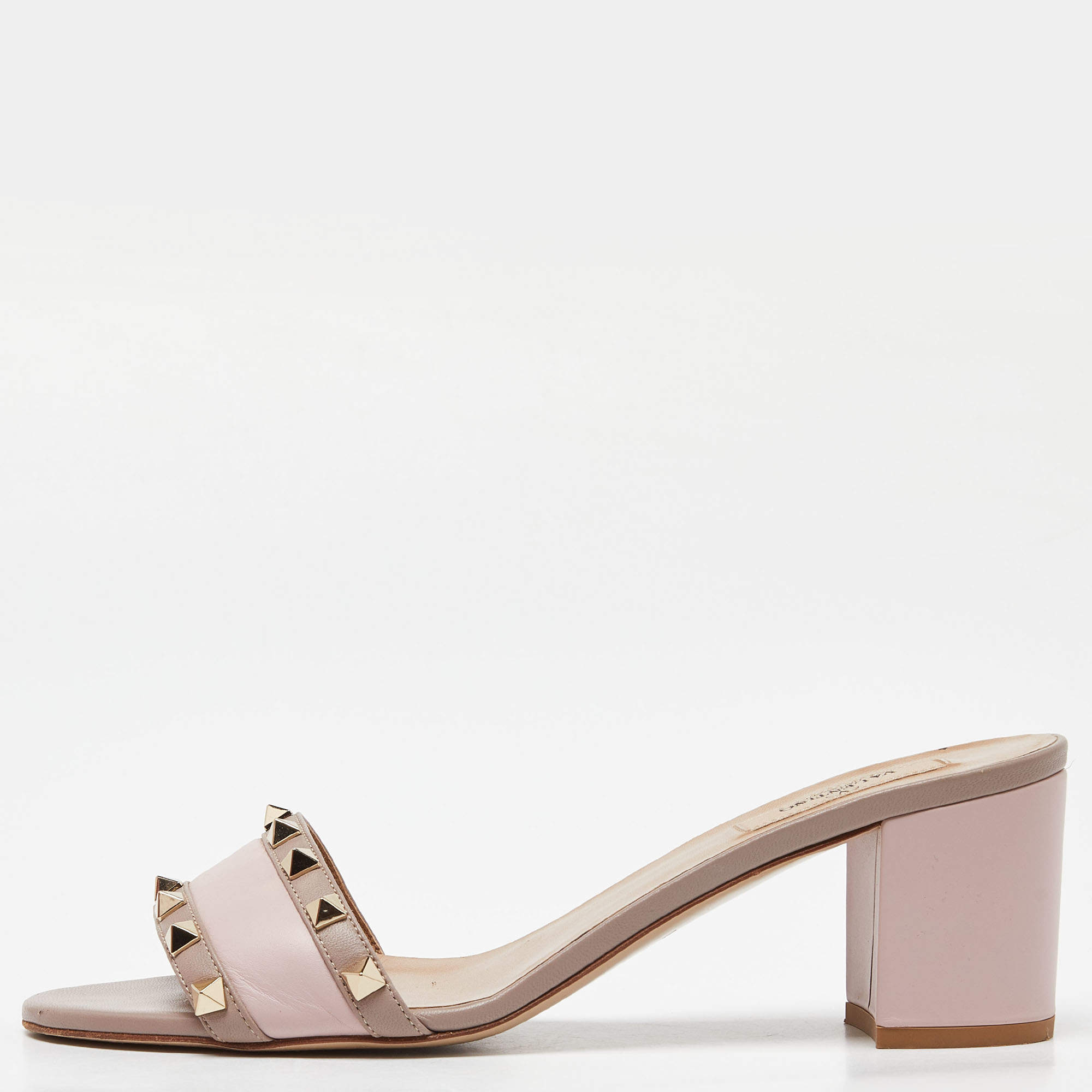 Pre Owned Valentino Two Tone Pink Leather Rockstud Block Heel Slides Size 40