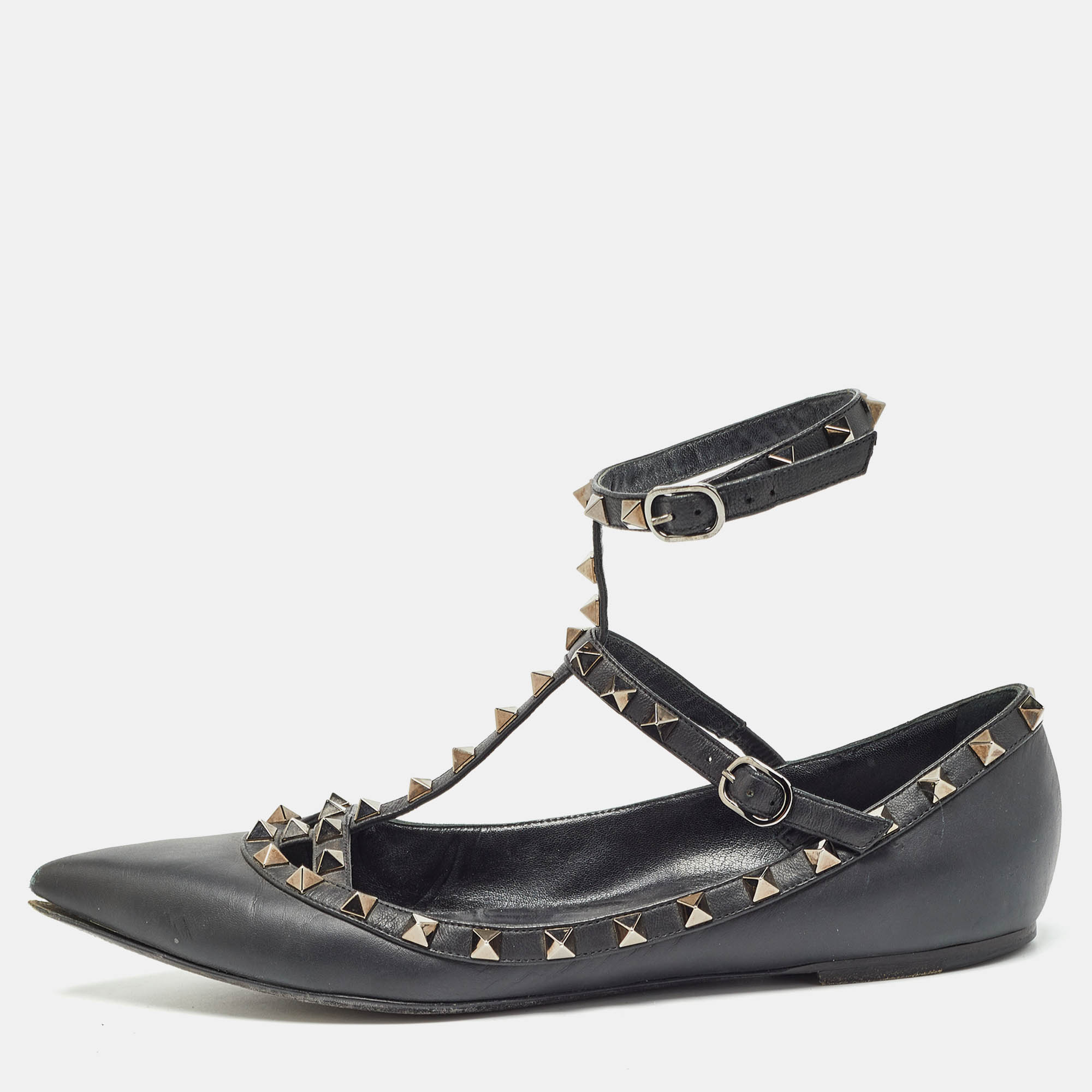 Pre Owned Valentino Black Leather Rockstud Ankle Strap Flats Size 40.5