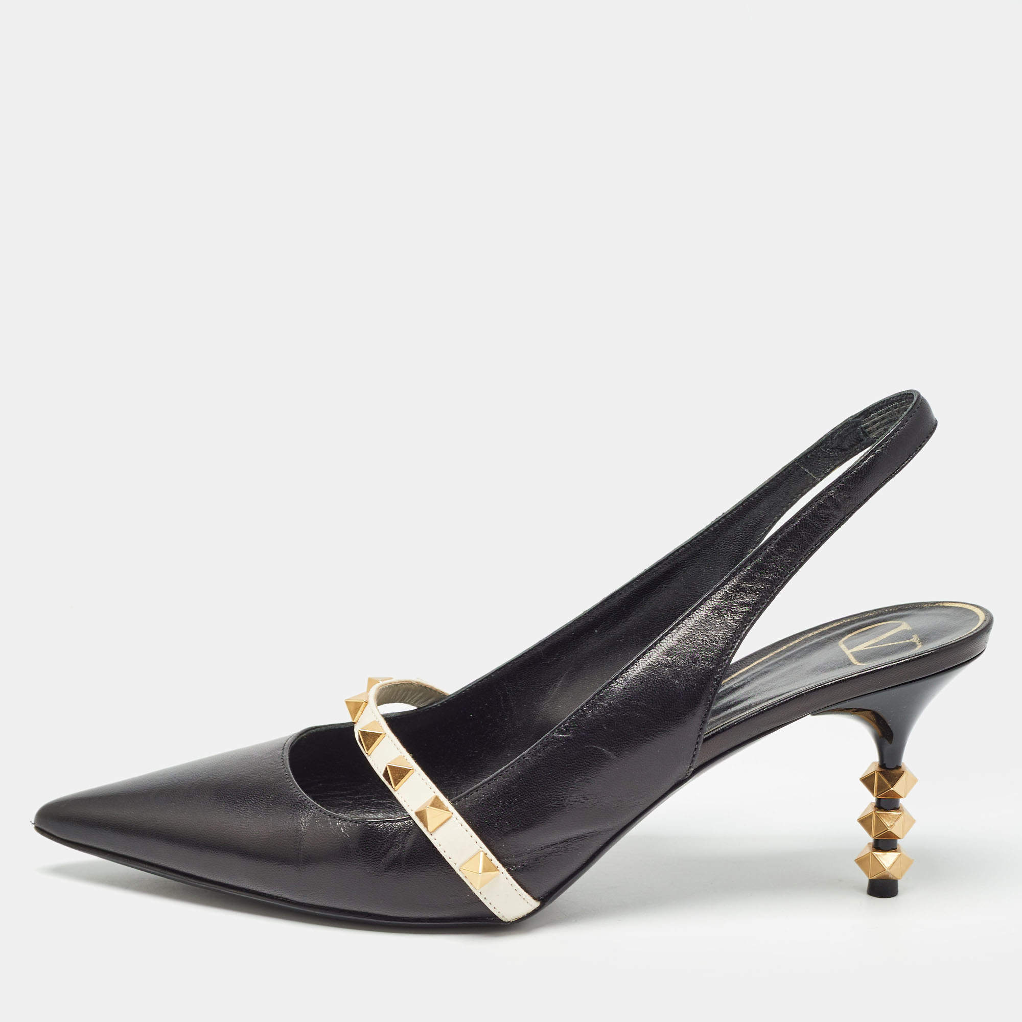 Pre Owned Valentino Black Leather Rockstud Slingback Pumps Size 40.5