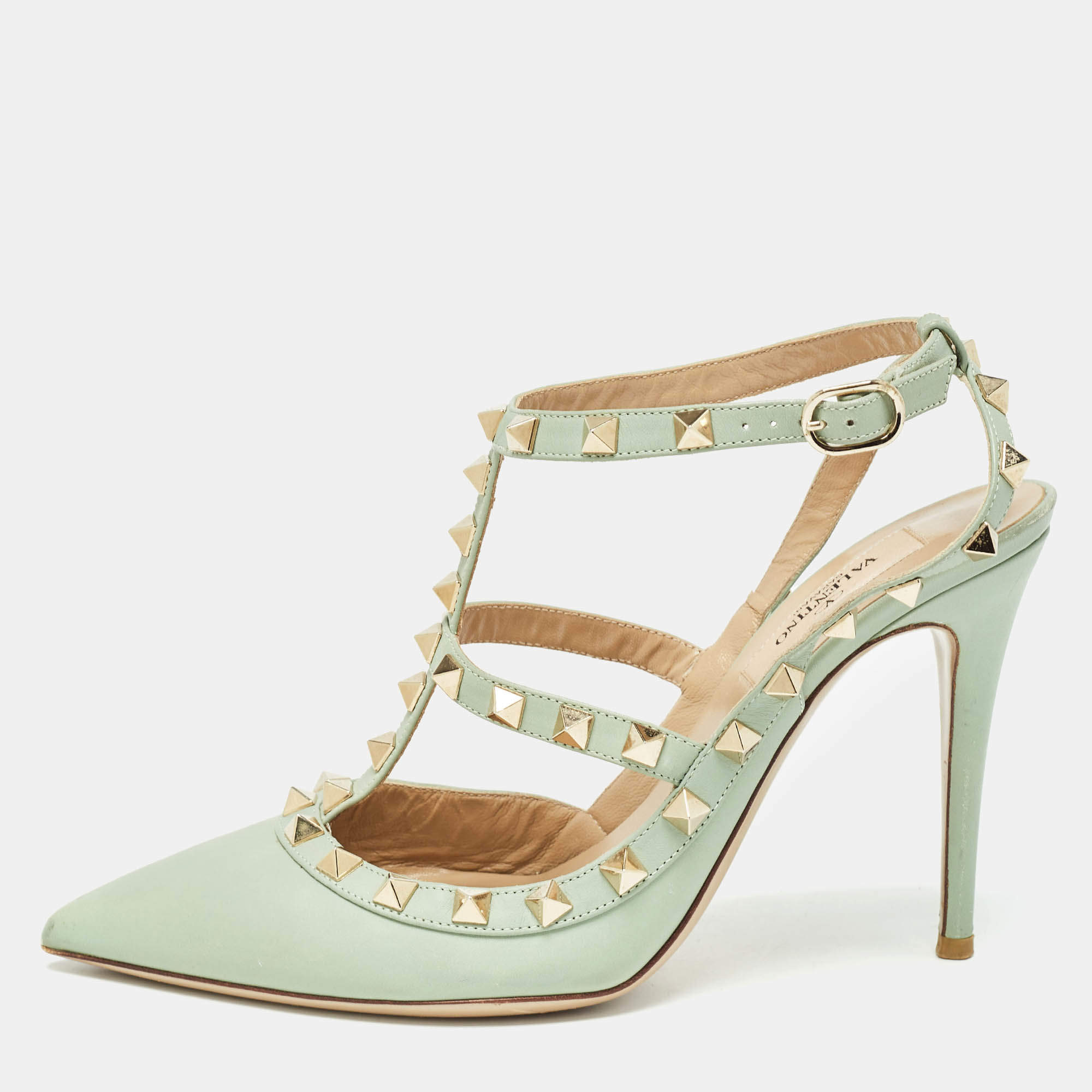 Pre Owned Valentino Mint Green Leather Rockstud Ankle Strap Pumps Size 38