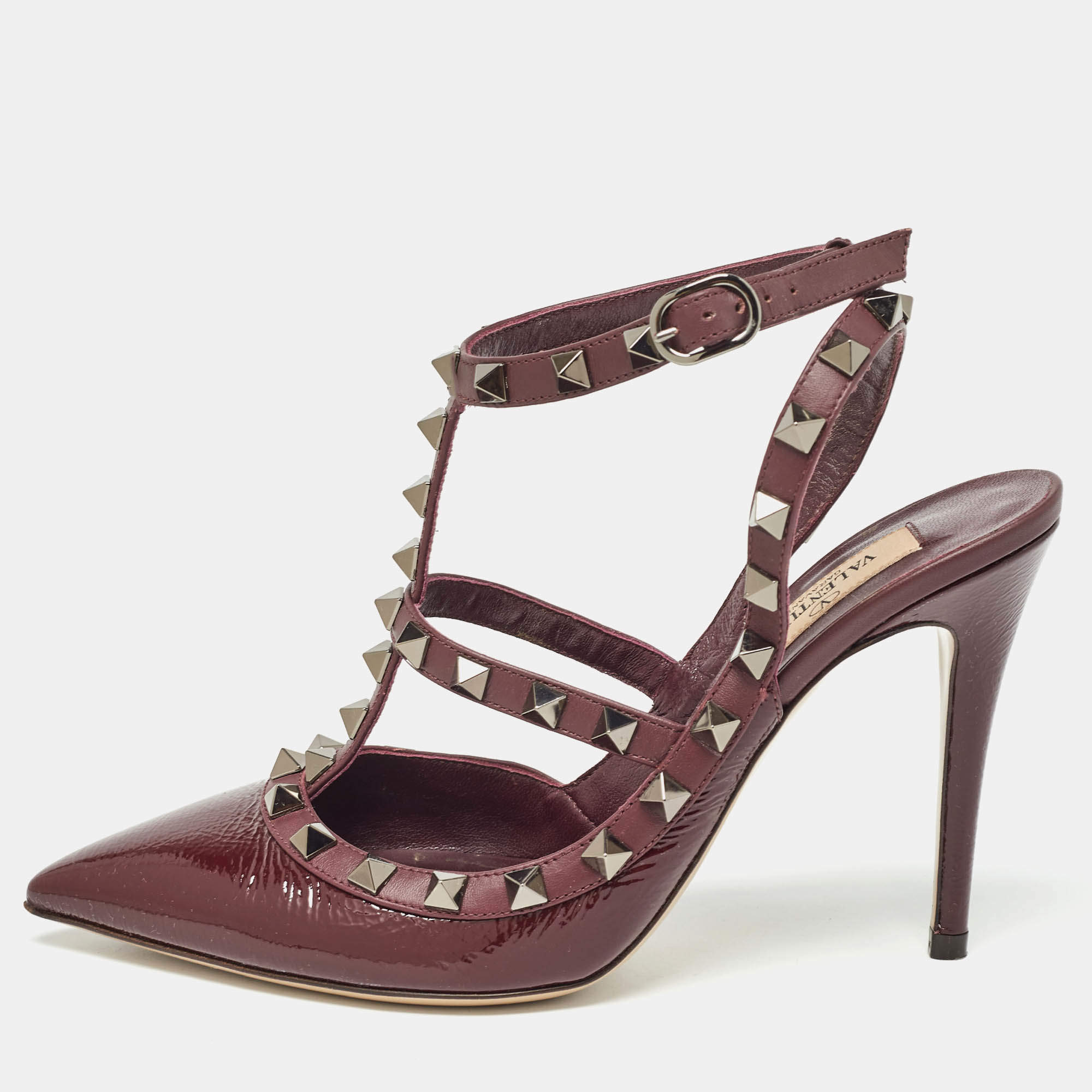 Pre Owned Valentino Burgundy Patent Leather Rockstud Ankle Strap Pumps Size 36.5