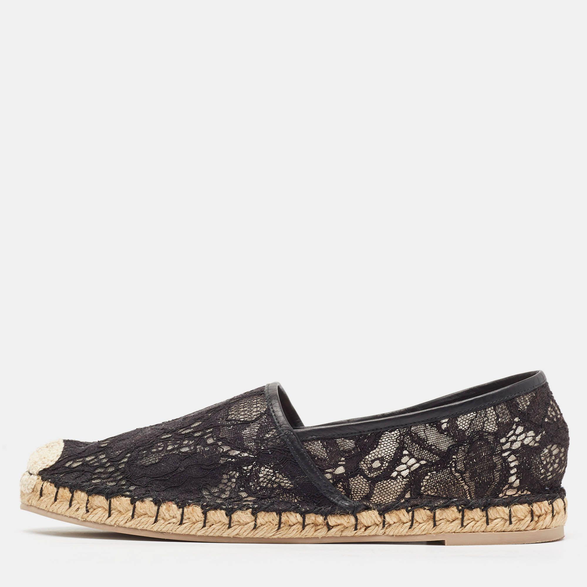 Pre Owned Valentino Black Lace and Mesh Espadrille Flats Size 40