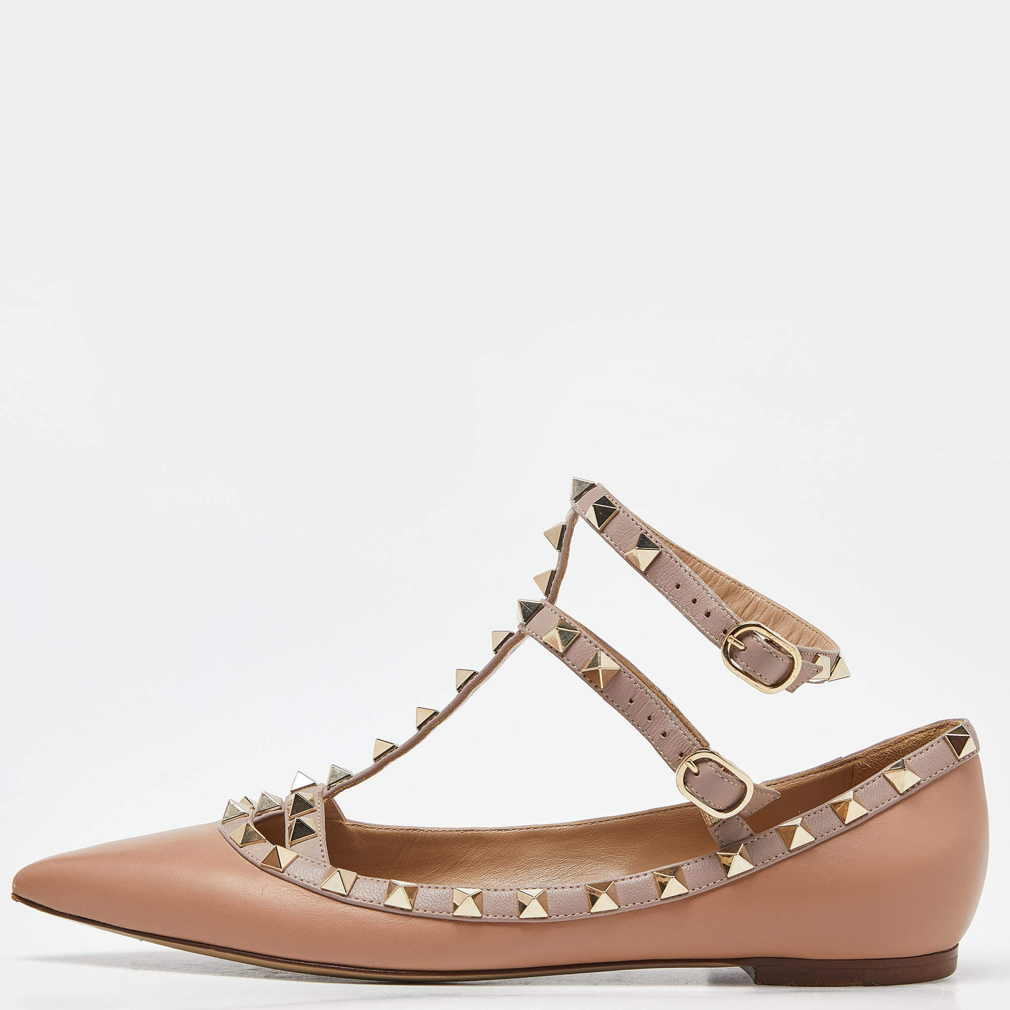 Pre Owned Valentino Dusty Pink Leather Rockstud Ankle Strap Ballet Flats Size 37
