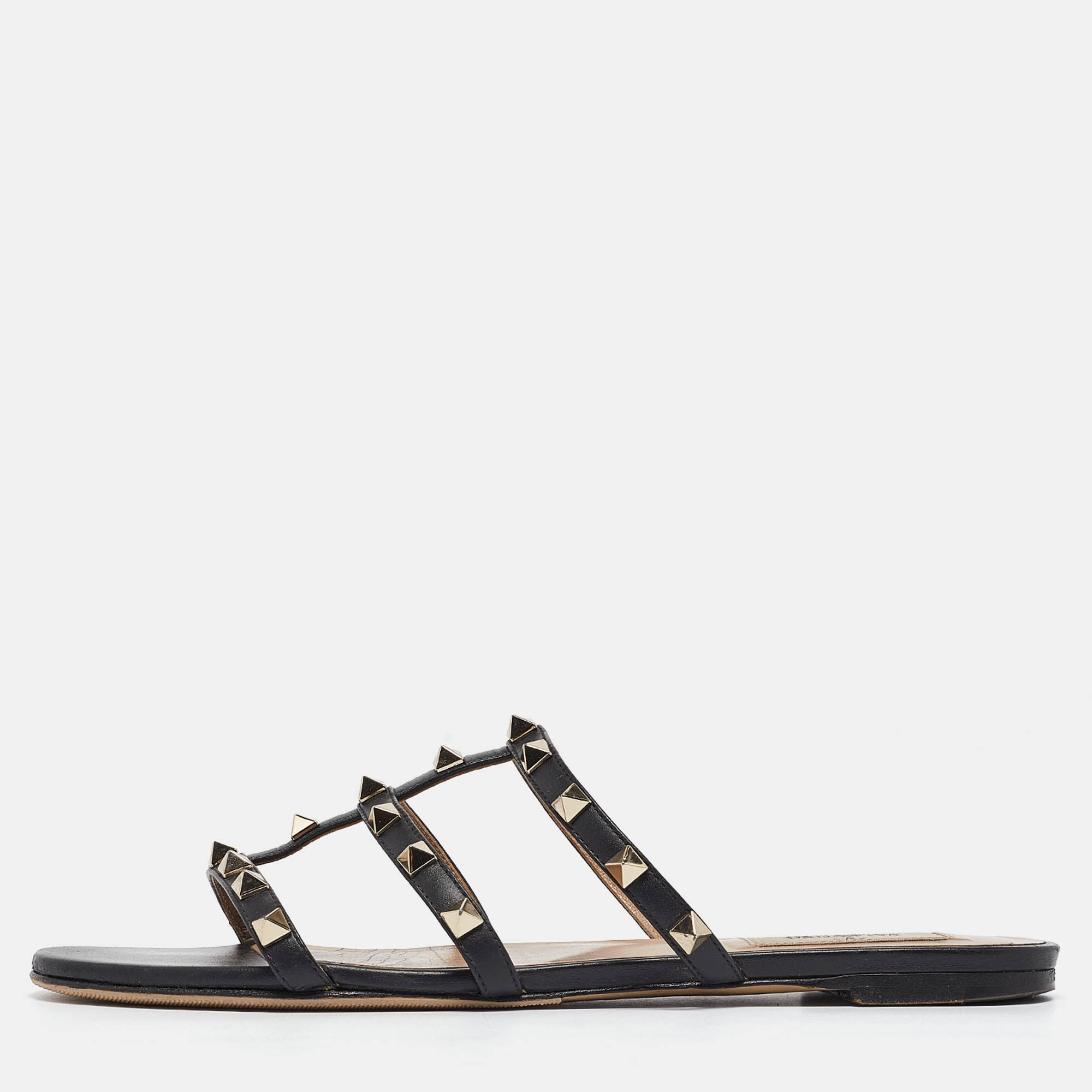 Pre Owned Valentino Black Leather Rockstud Flat Slides Size 39