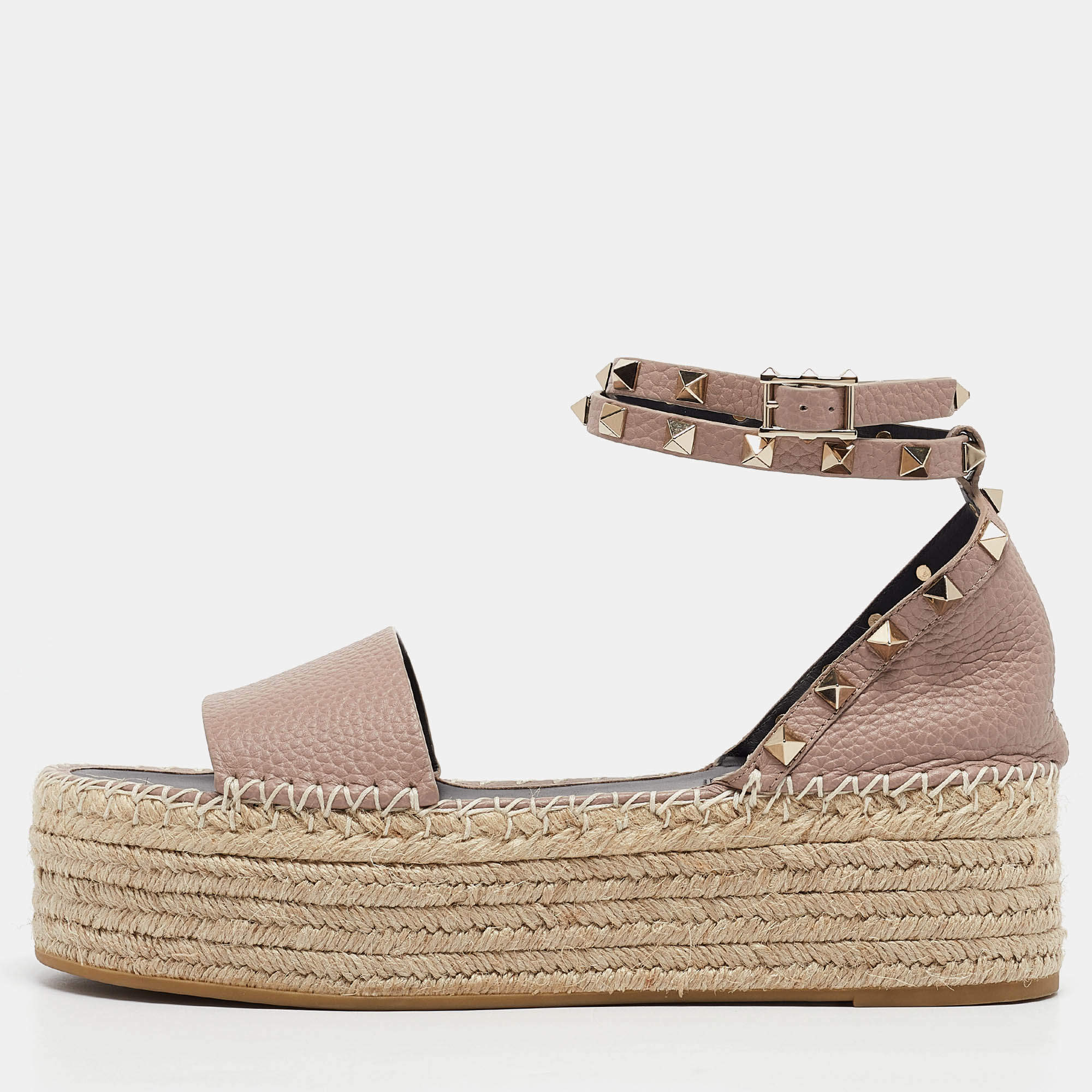 Pre Owned Valentino Pink Leather Rockstud Wedge Espadrille Ankle Strap Sandals Size 39