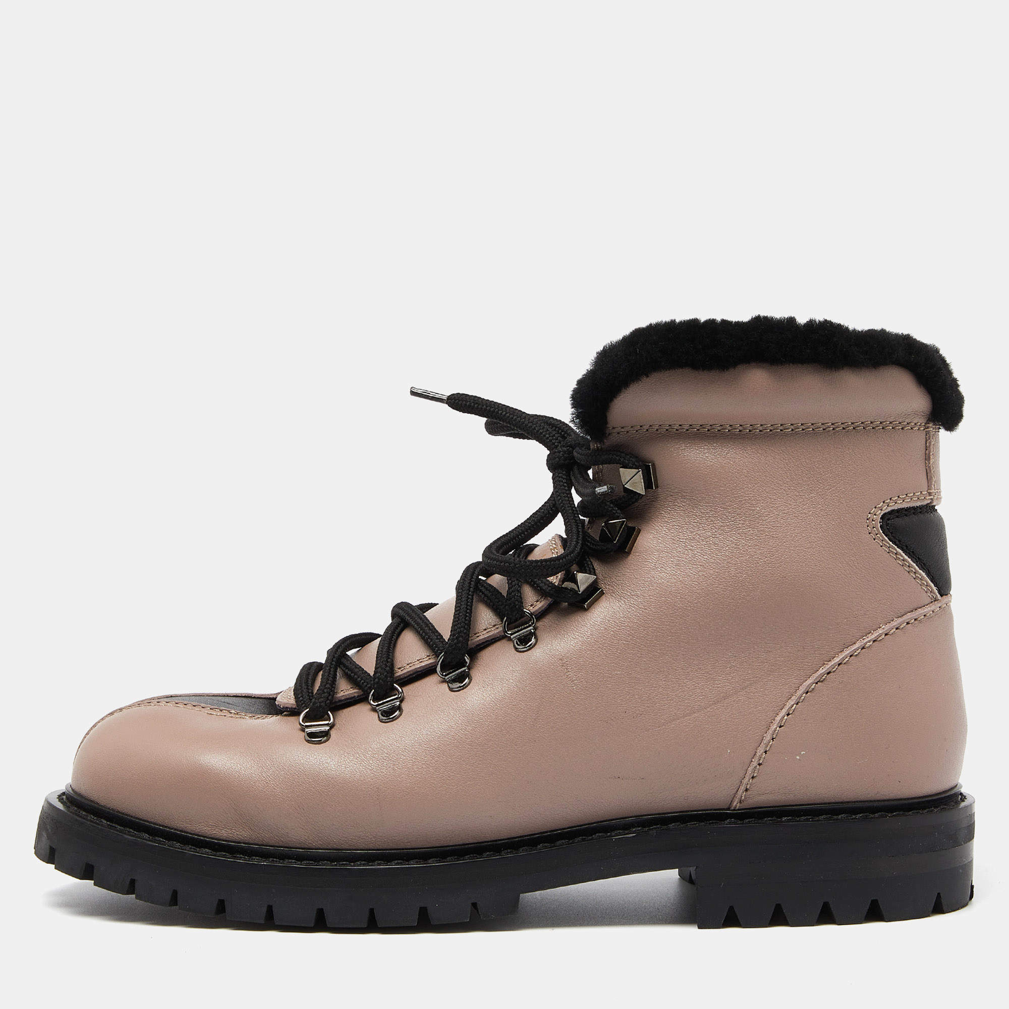 Pre Owned Valentino Dusty Pink/Black Leather Fur Lined Ankle Boots Size 39