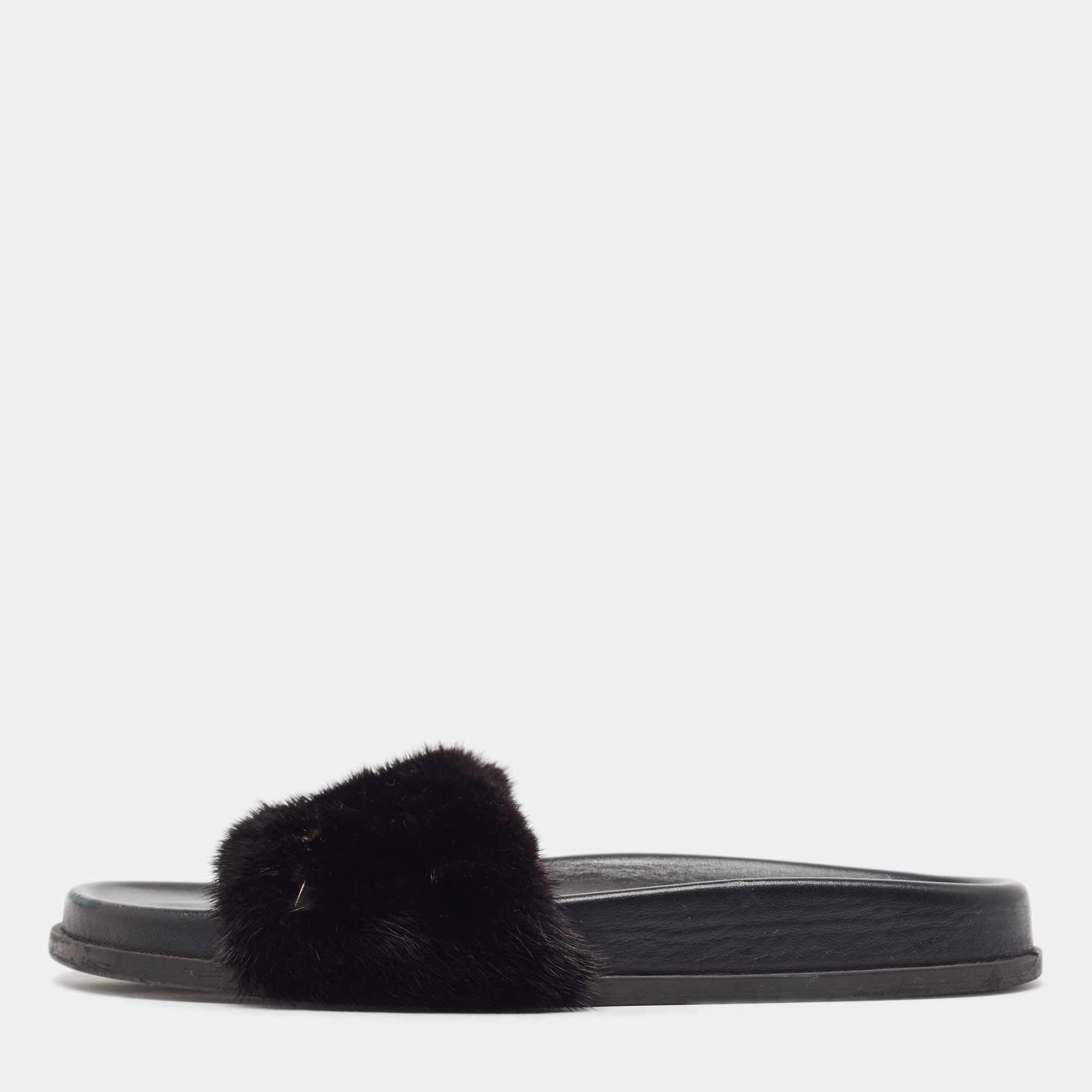 Valentino Black Mink Fur Rockstud Flat Slides Size 39