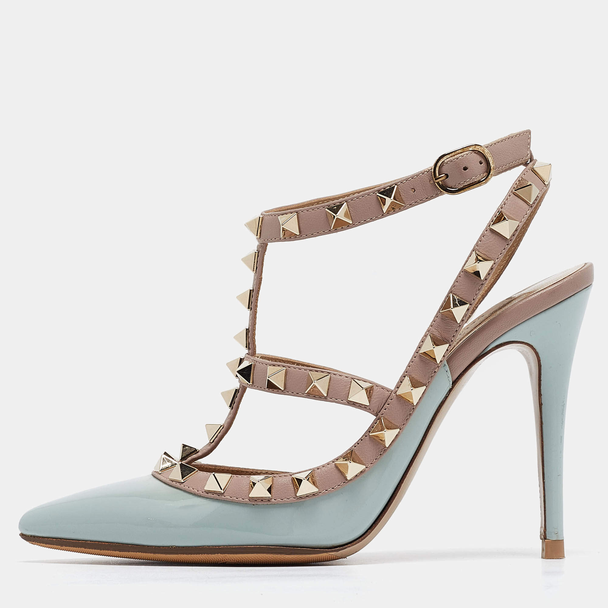 Pre Owned Valentino Light Blue/Old Rose Patent Leather Rockstud Ankle Strap Pumps Size 34