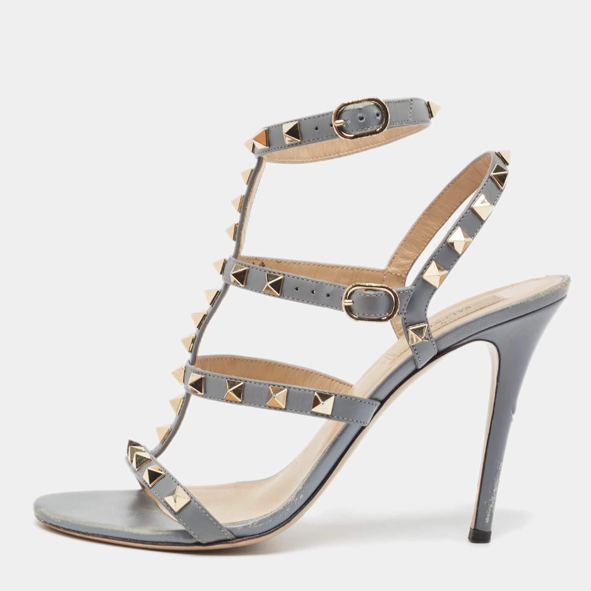 Pre Owned Valentino Grey Leather Rockstud Ankle Strap Sandals Size 38