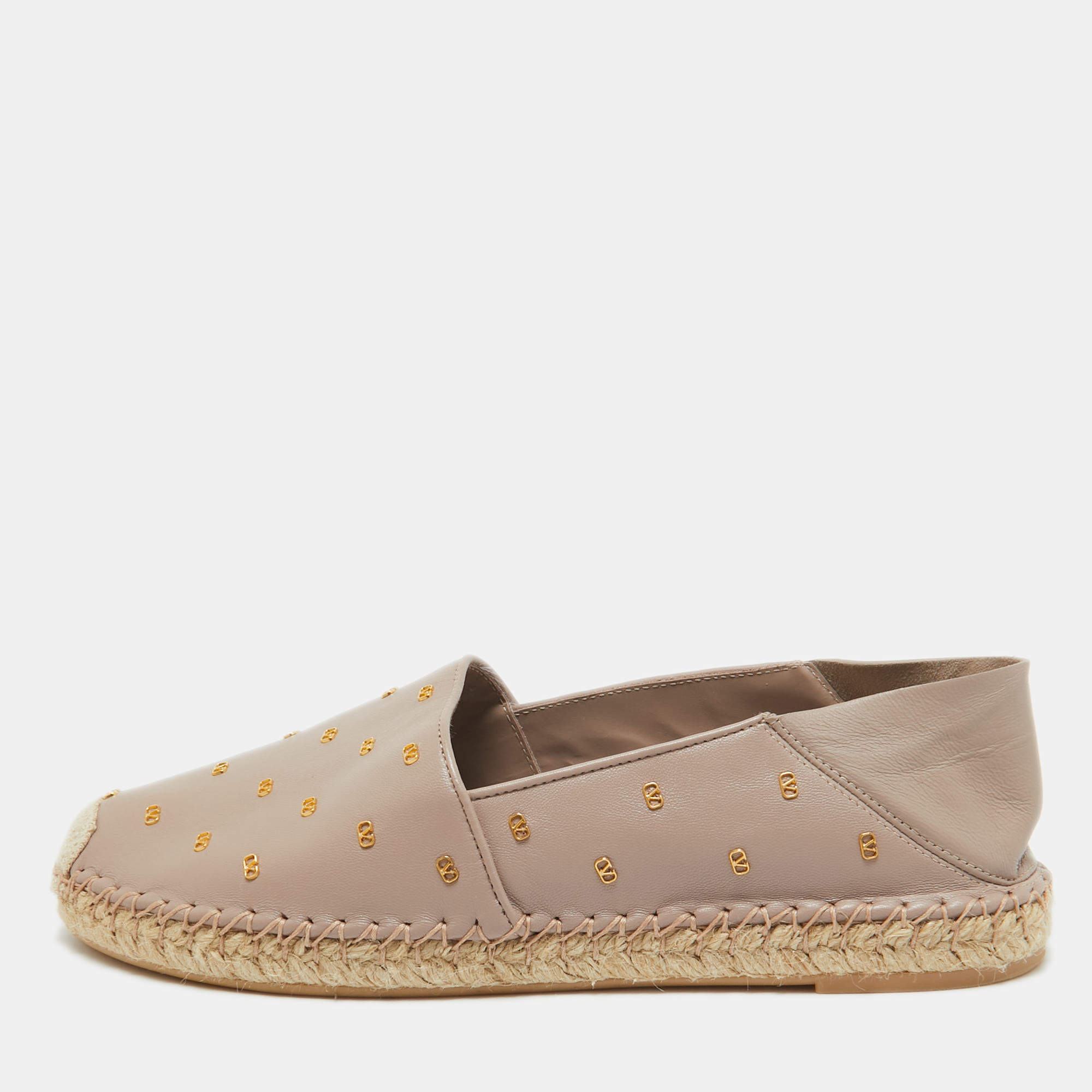 Pre Owned Valentino Dusty Pink Leather Metal Vlogo Detail Espadrille Flats Size 38