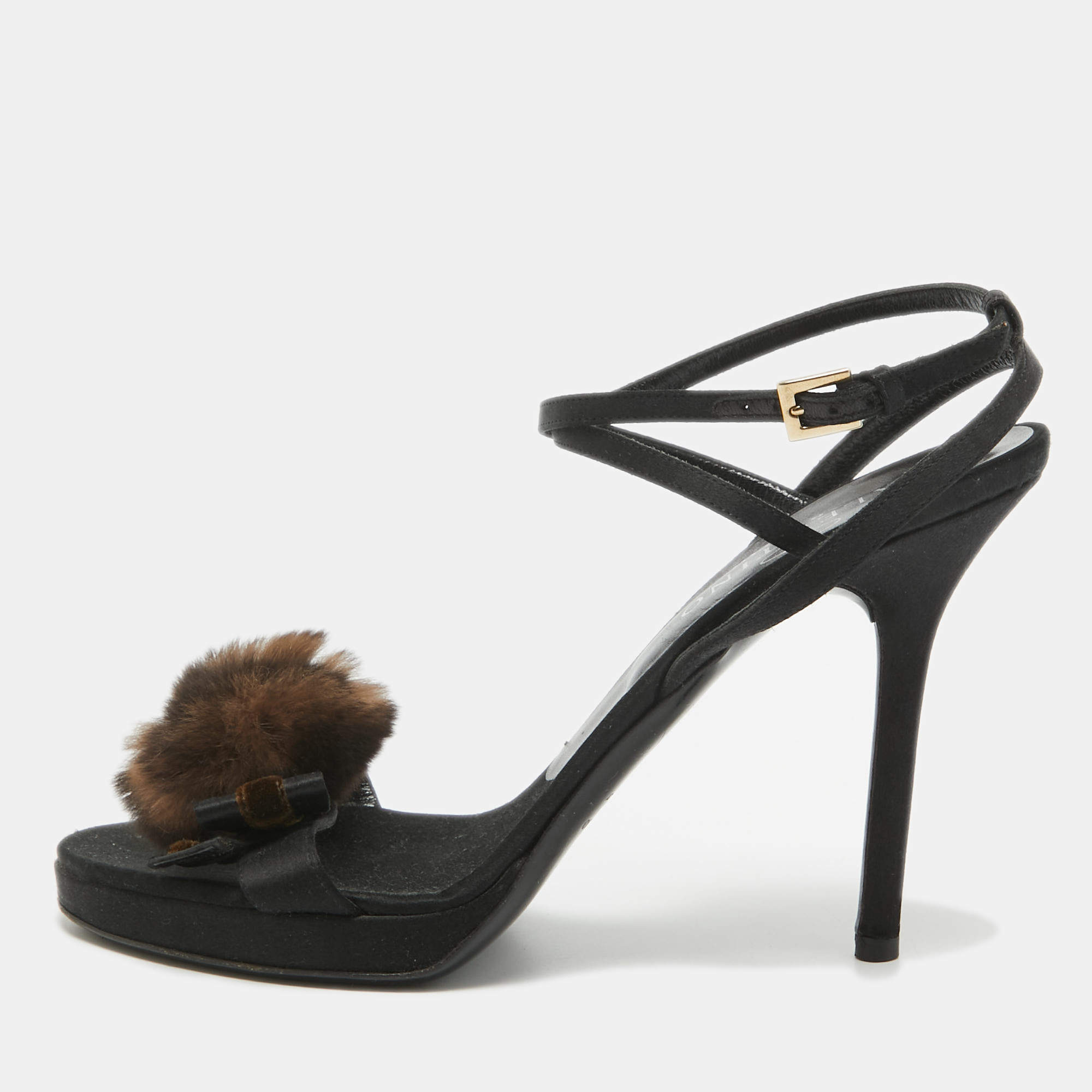 Valentino Black Satin Fur Bow Ankle Strap Sandals Size 38