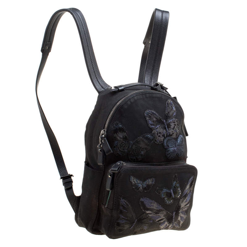 Valentino Black Canvas Embroidered Butterfly Backpack Valentino