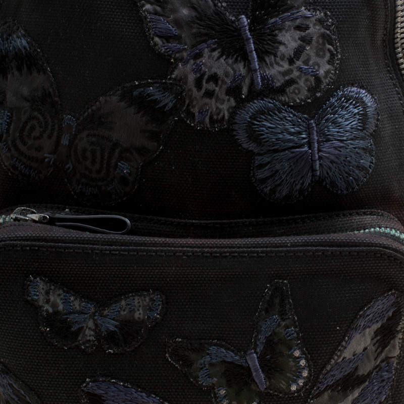 Valentino Black Canvas Embroidered Butterfly Backpack Valentino