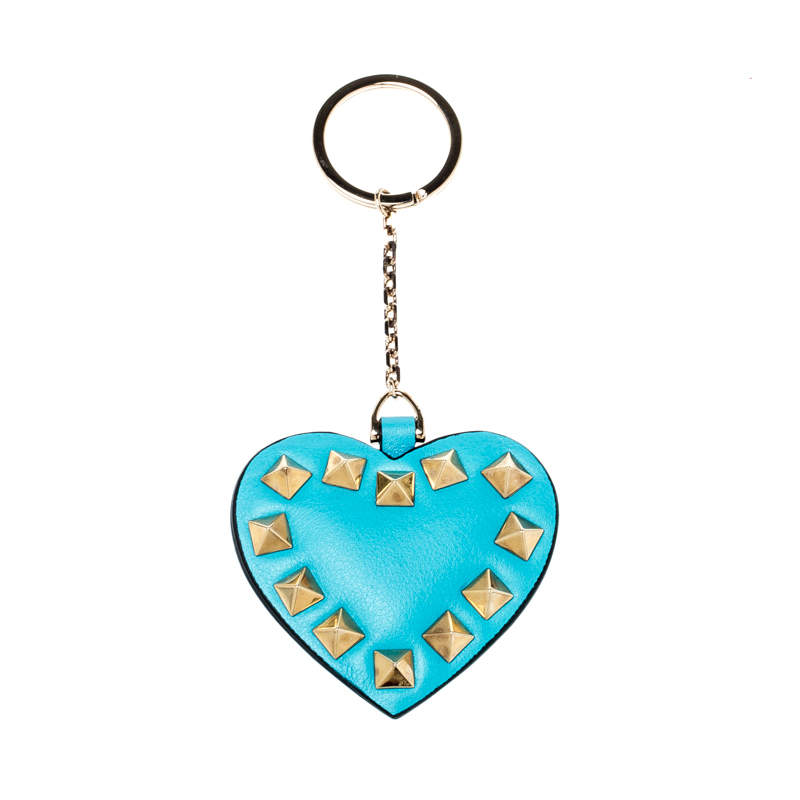 Valentino Blue Rockstud Heart Gold Tone Keychain