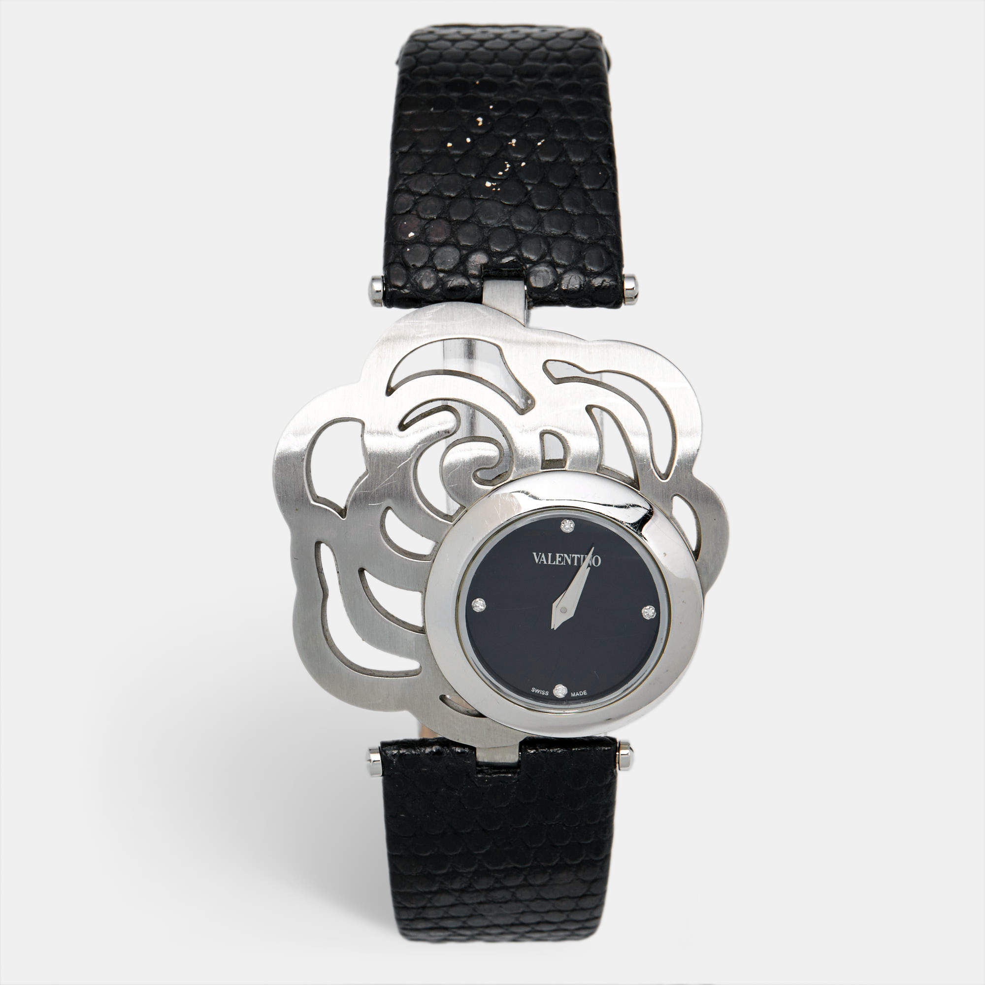 Valentino Black Stainless Steel Lizard Leather Rosier Baselworld V55 Women's Wristwatch 40 mm