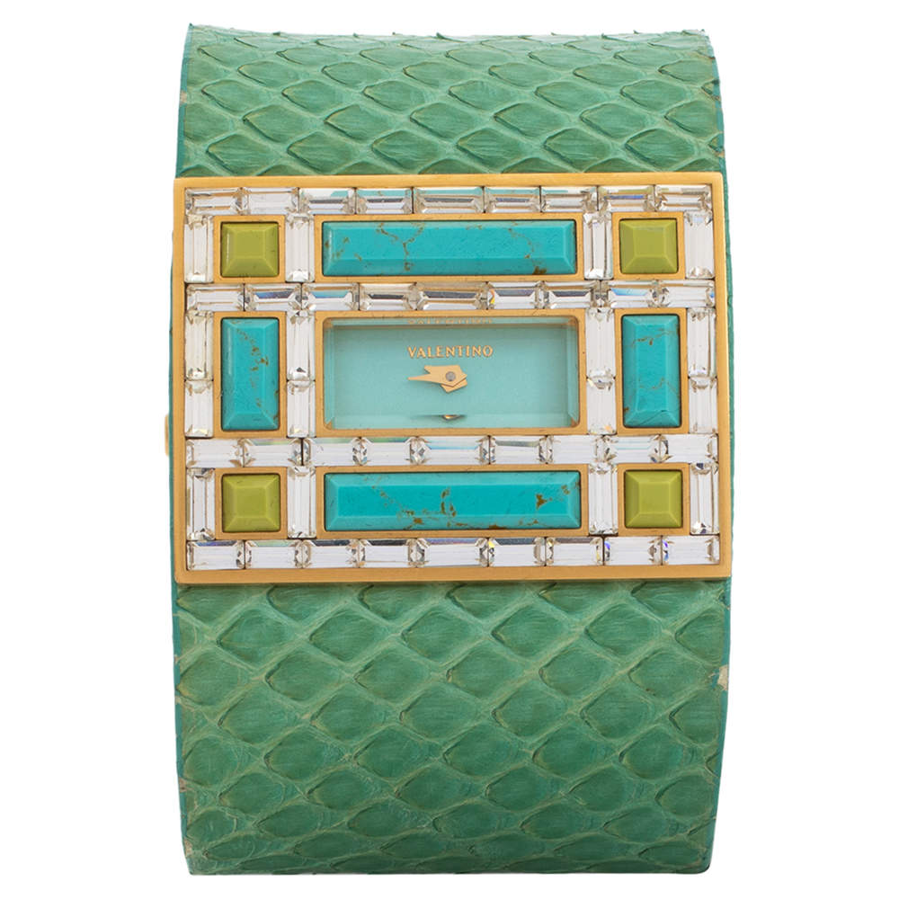 Valentino Aqua Green Gold Tone Stainless Steel Swarovski Crystal Python Leather Women's Wristwatch 39 mm