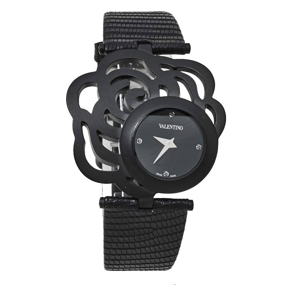 Pre Owned Valentino Black PVD Coated Stainless Steel Lizard Skin Leather Rosier Baselworld V55 Women's Wristwatch 25 mm