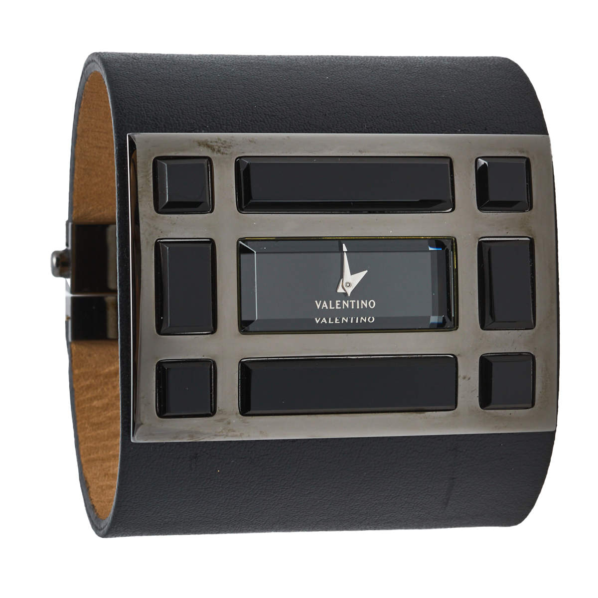 Pre Owned Valentino Black PVD Coated Stainless Steel Leather Fascia 87.51.100.025 Women's Wristwatch 53 mm