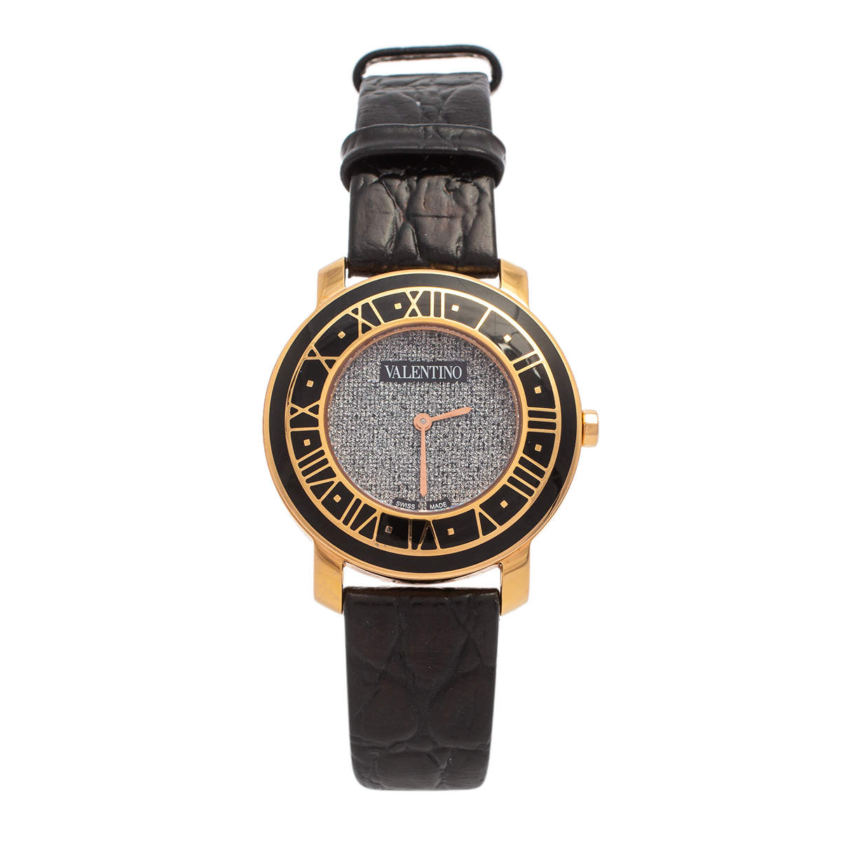 Pre Owned Valentino Metallic Black Rose Gold Plated Stainless Steel Leather Histoire Women's Wristwatch 37 mm