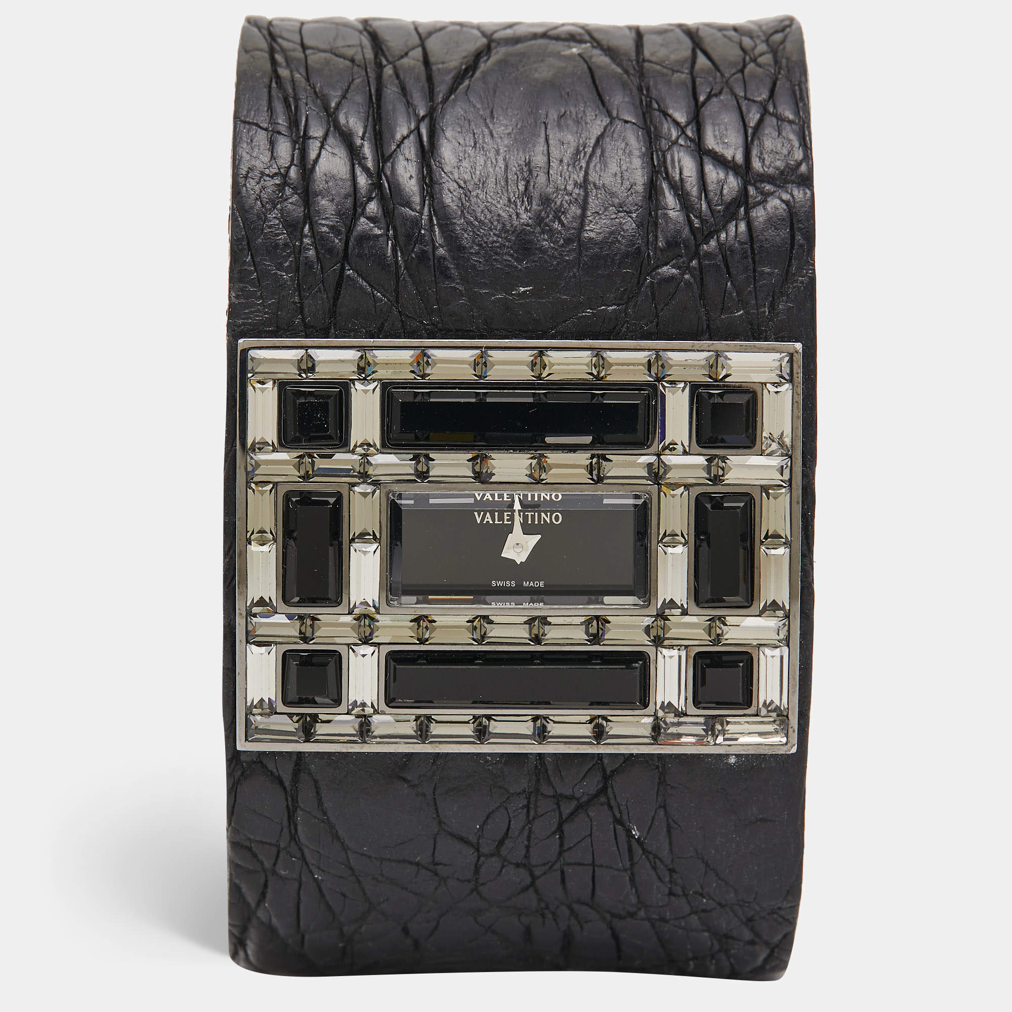 Pre Owned Valentino Black Stainless Steel Swarovski Crystal Crocodile Leather Garavani Women's Wristwatch 39 mm