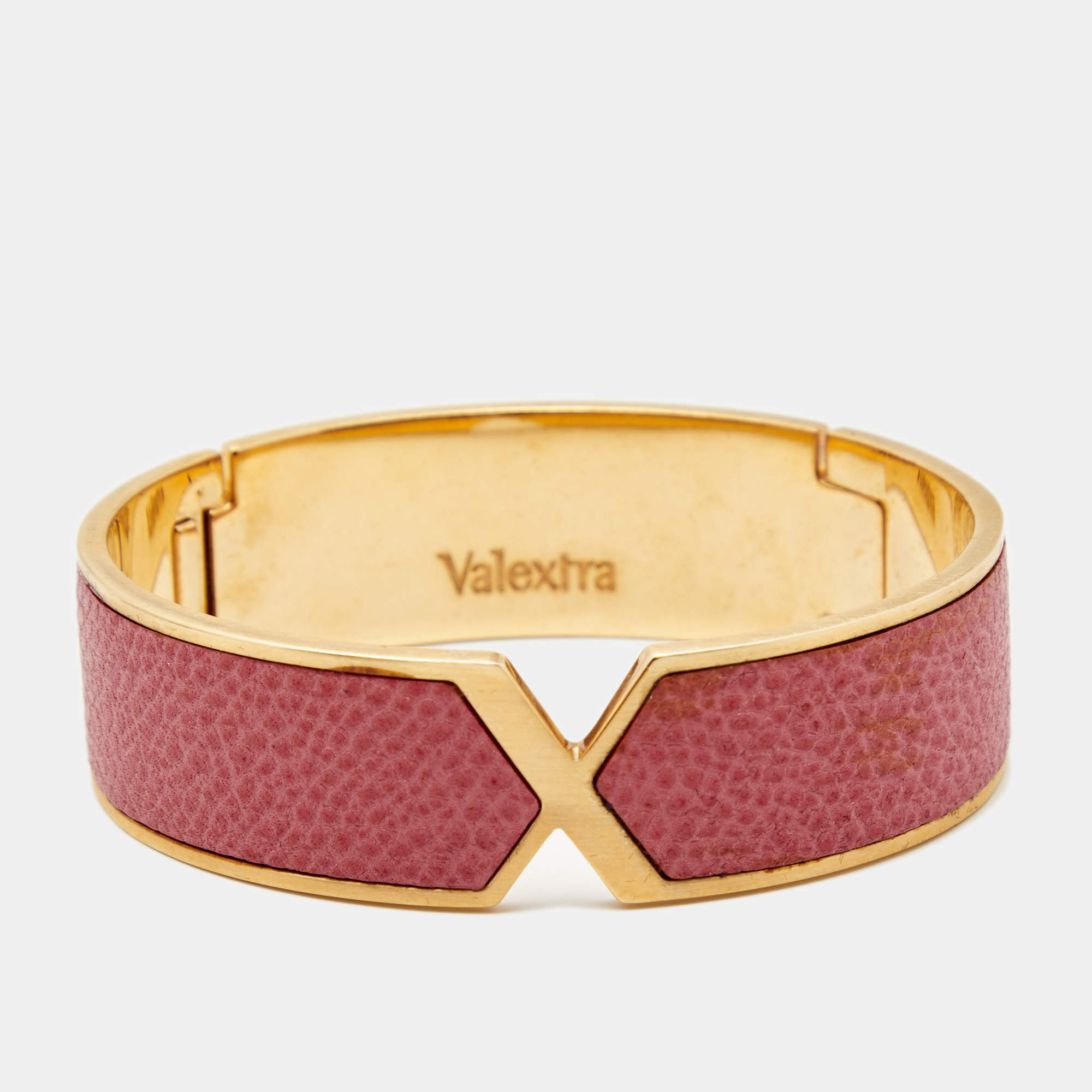 Valextra Pink Leather Gold Tone Hinged Bracelet