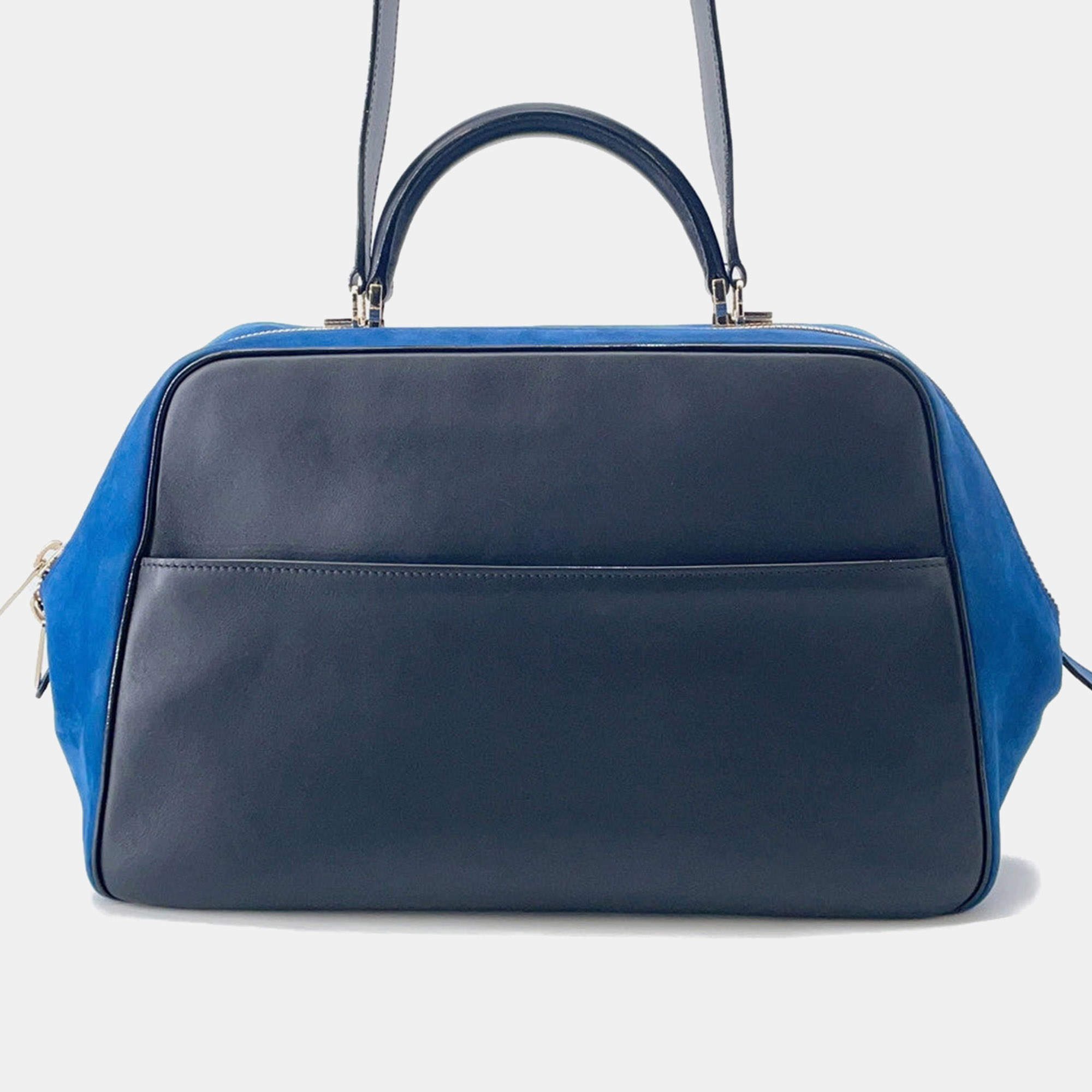 مملوكة مسبقًا Valextra Valextra Serie Esse 2-Way Handbag Black/Blue Leather Suede Size Large