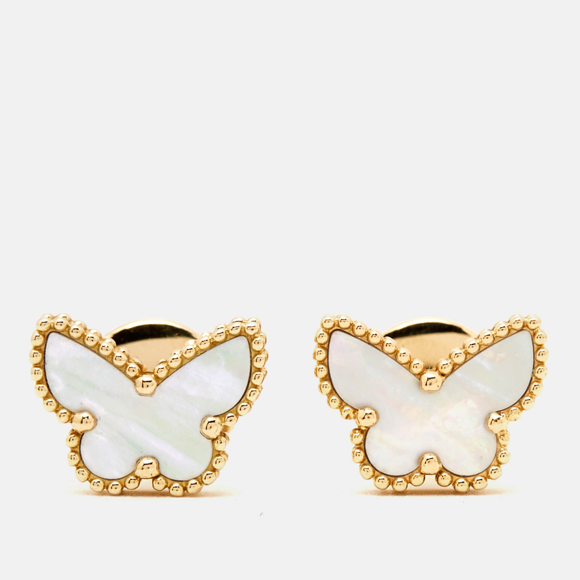 Pre Owned Van Cleef & Arpels Sweet Alhambra Butterfly Mother of Pearl 18K Yellow Gold Stud Earrings