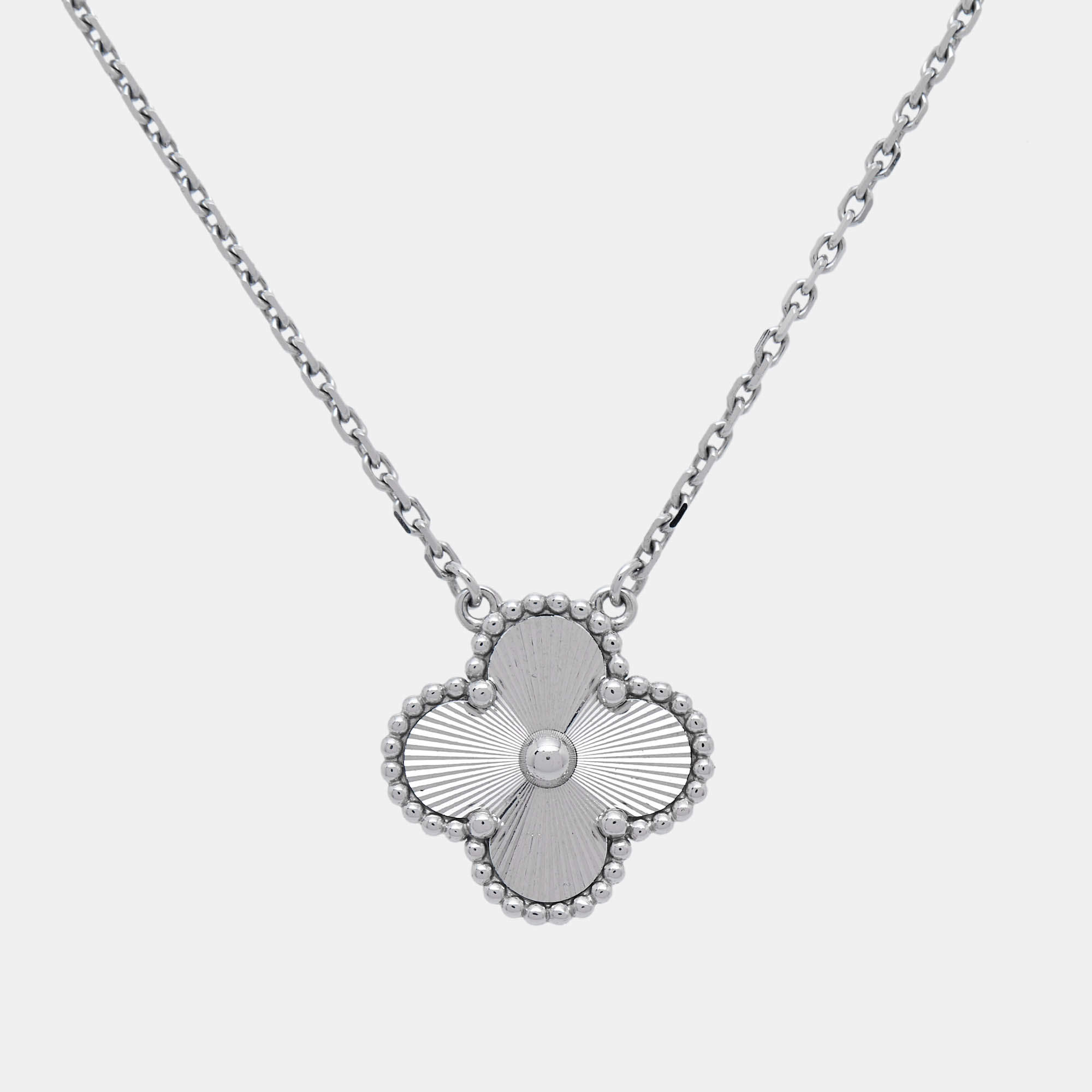 مملوكة مسبقًا Van Cleef & Arpels Vintage Alhambra Guilloché Rhodium Plated 18K White Gold Pendant Necklace