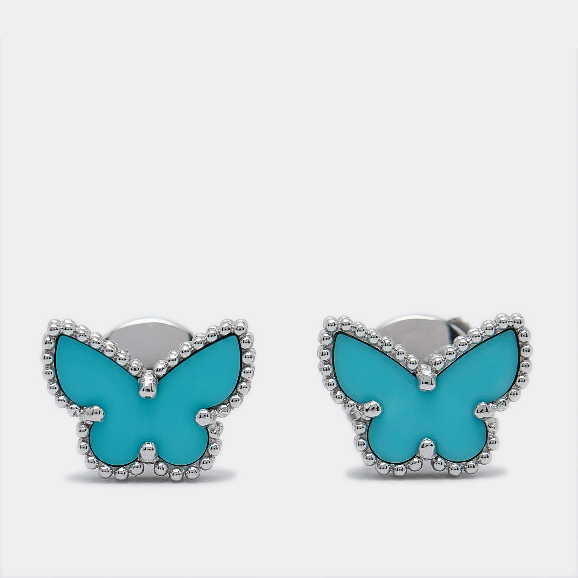 Pre Owned Van Cleef & Arpels Sweet Alhambra Butterfly Turquoise 18K White Gold Stud Earrings