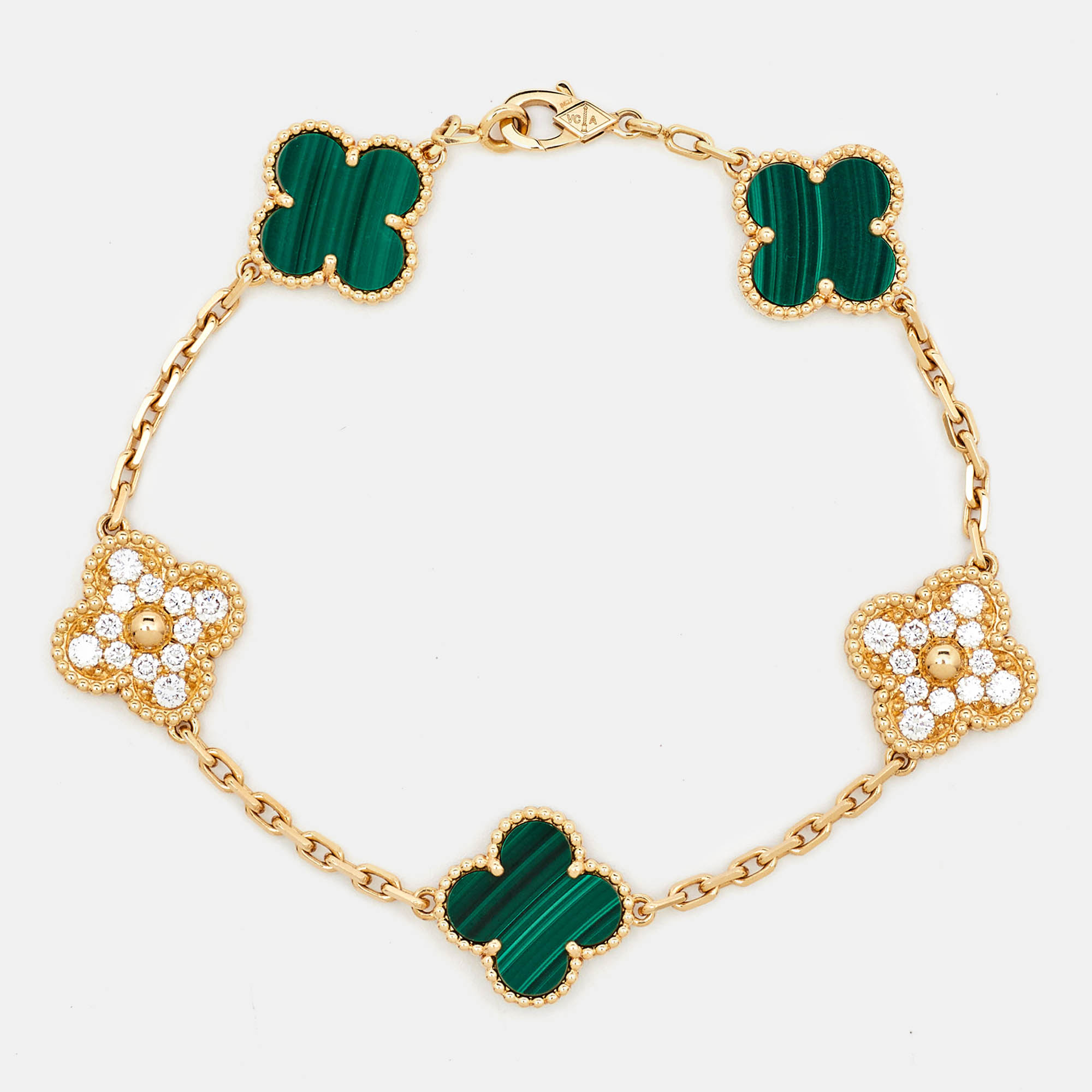 Pre Owned Van Cleef & Arpels Vintage Alhambra Malachite Diamond 18K Yellow Gold Bracelet